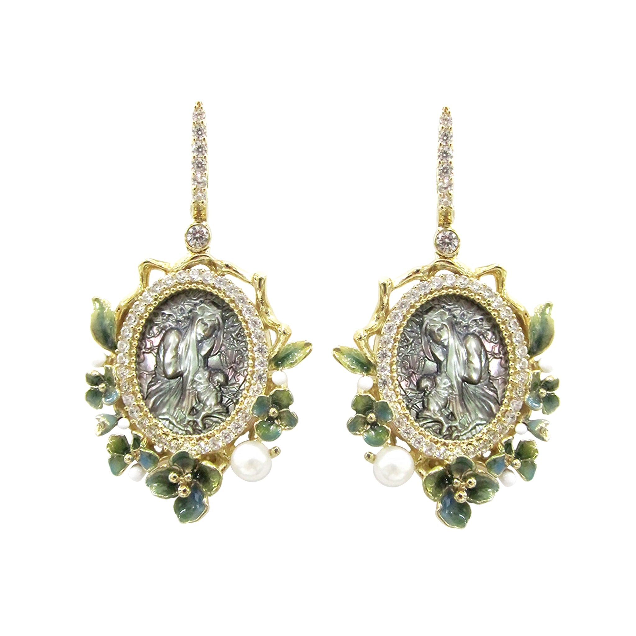 925YG CAMEO CZ AND MINI FLOWER ENAMEL GREEN EARRINGS - C'SANTOS