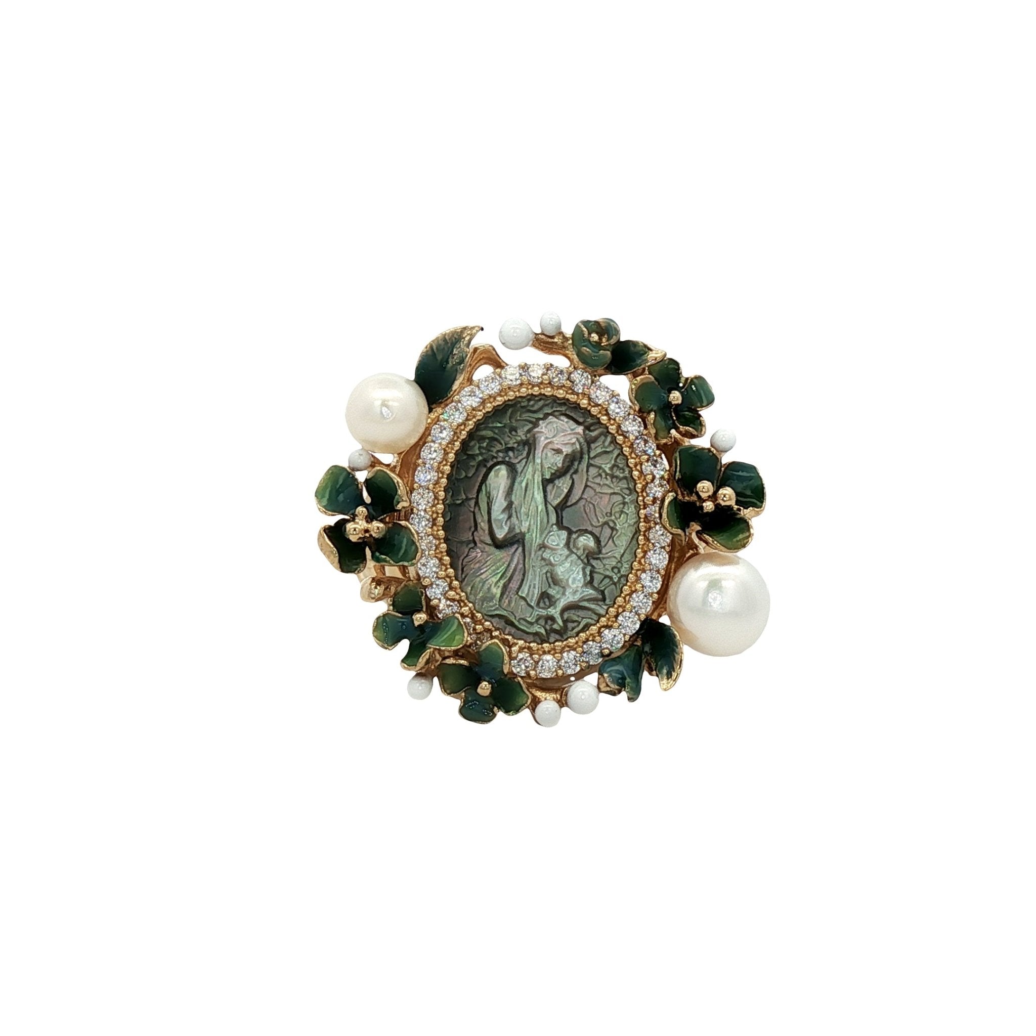 925YG CAMEO CZ AND MINI FLOWER ENAMEL GREEN RING T6 - C'SANTOS