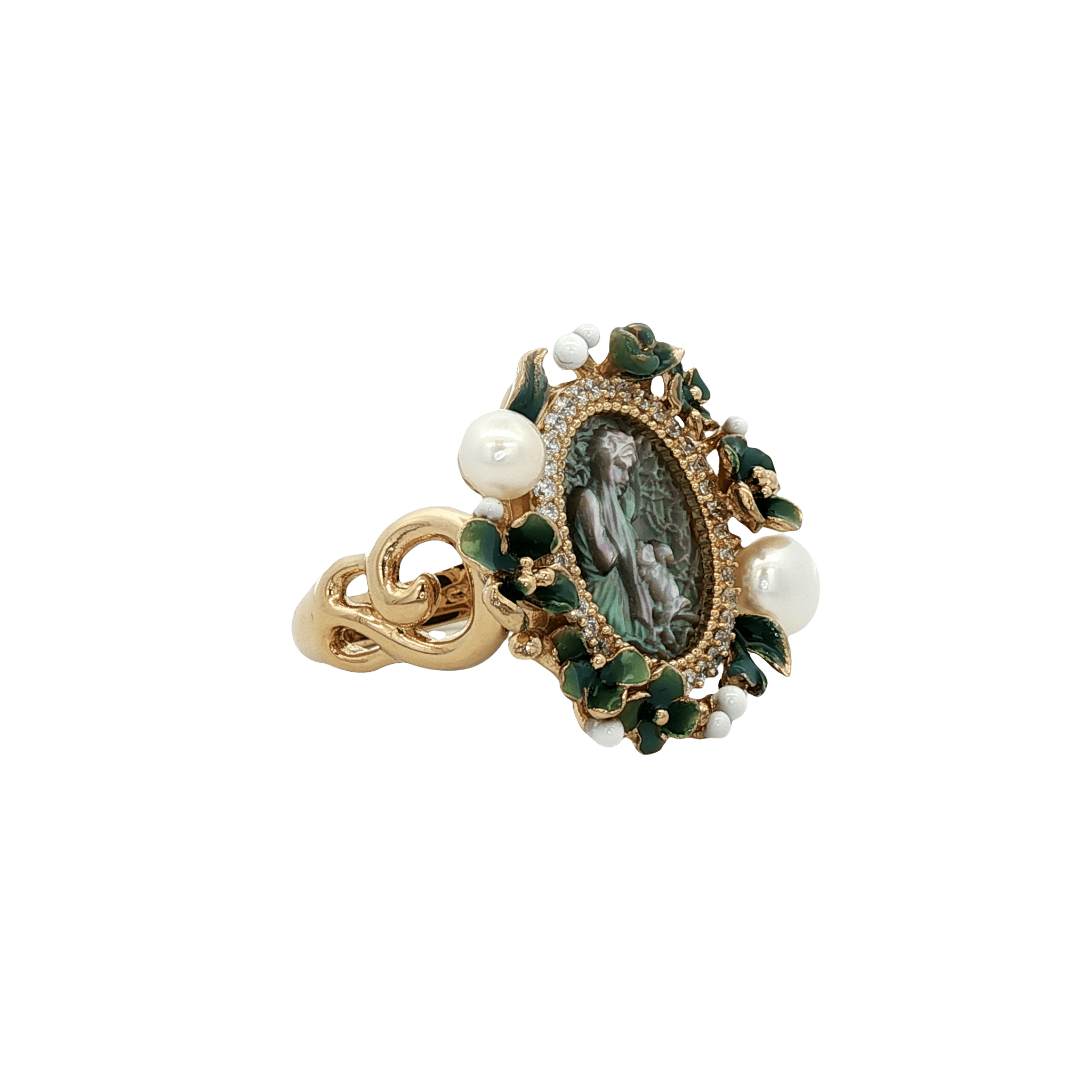 925YG CAMEO CZ AND MINI FLOWER ENAMEL GREEN RING T7 - C'SANTOS