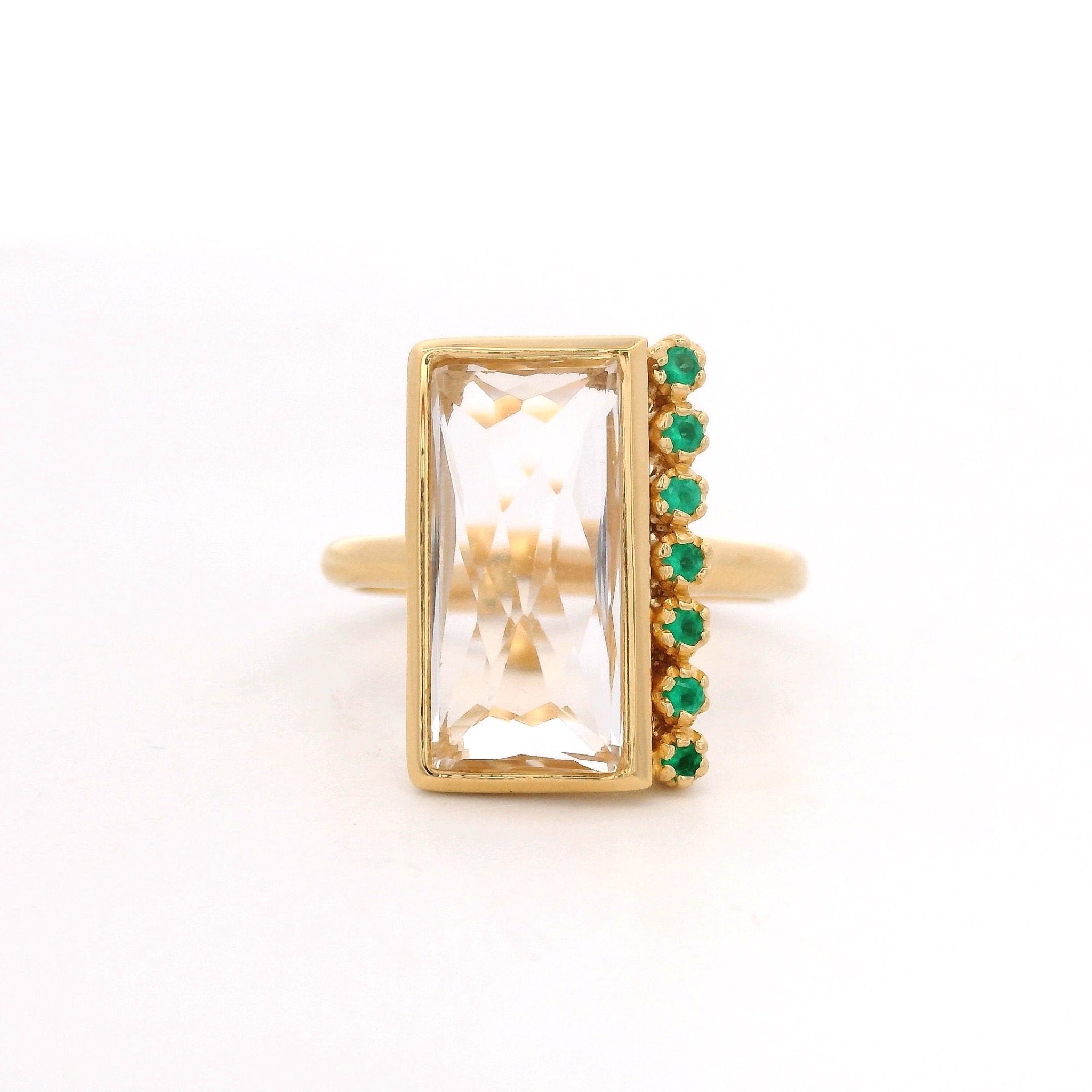 925YG CHUNKY BAGUETTE ROCK CRYSTAL AND ONYX GREEN RING T6.5 - C'SANTOS