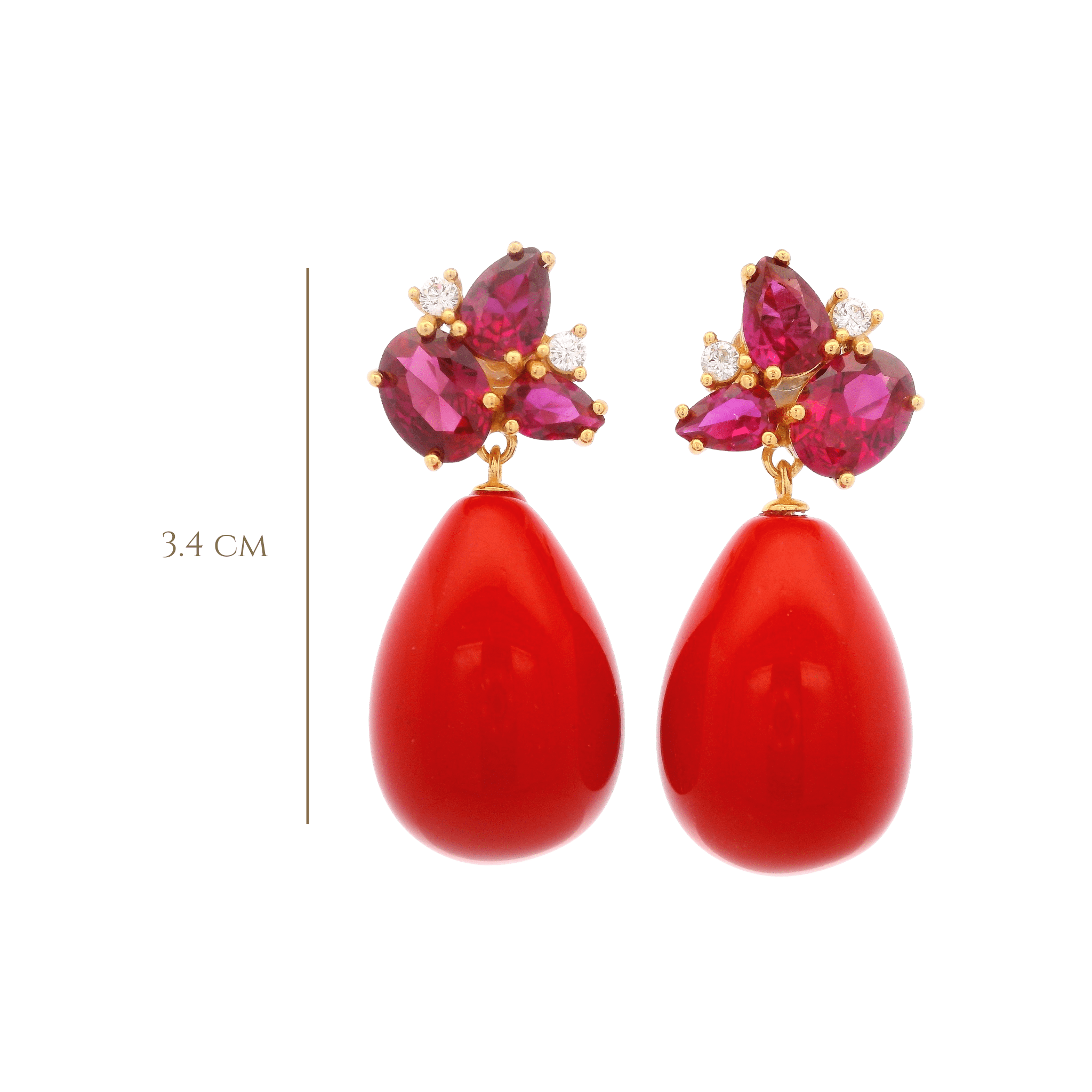 925YG CLUSTER AND DROP EARRINGS QUARTZ & CZ RED - C'SANTOS