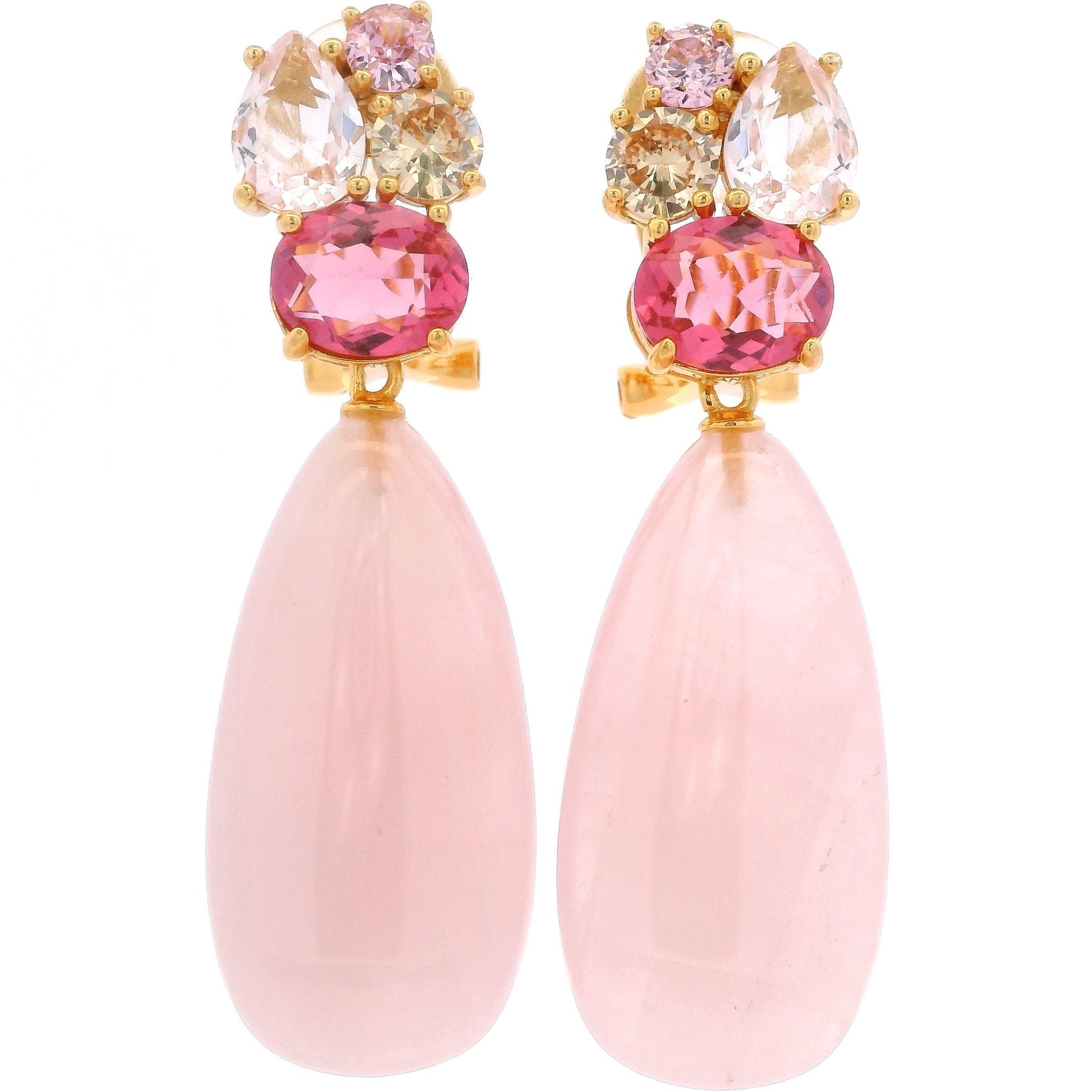 925YG CLUSTER AND DROP EARRINGS ROSE QUARTZ & CZ PINK - C'SANTOS
