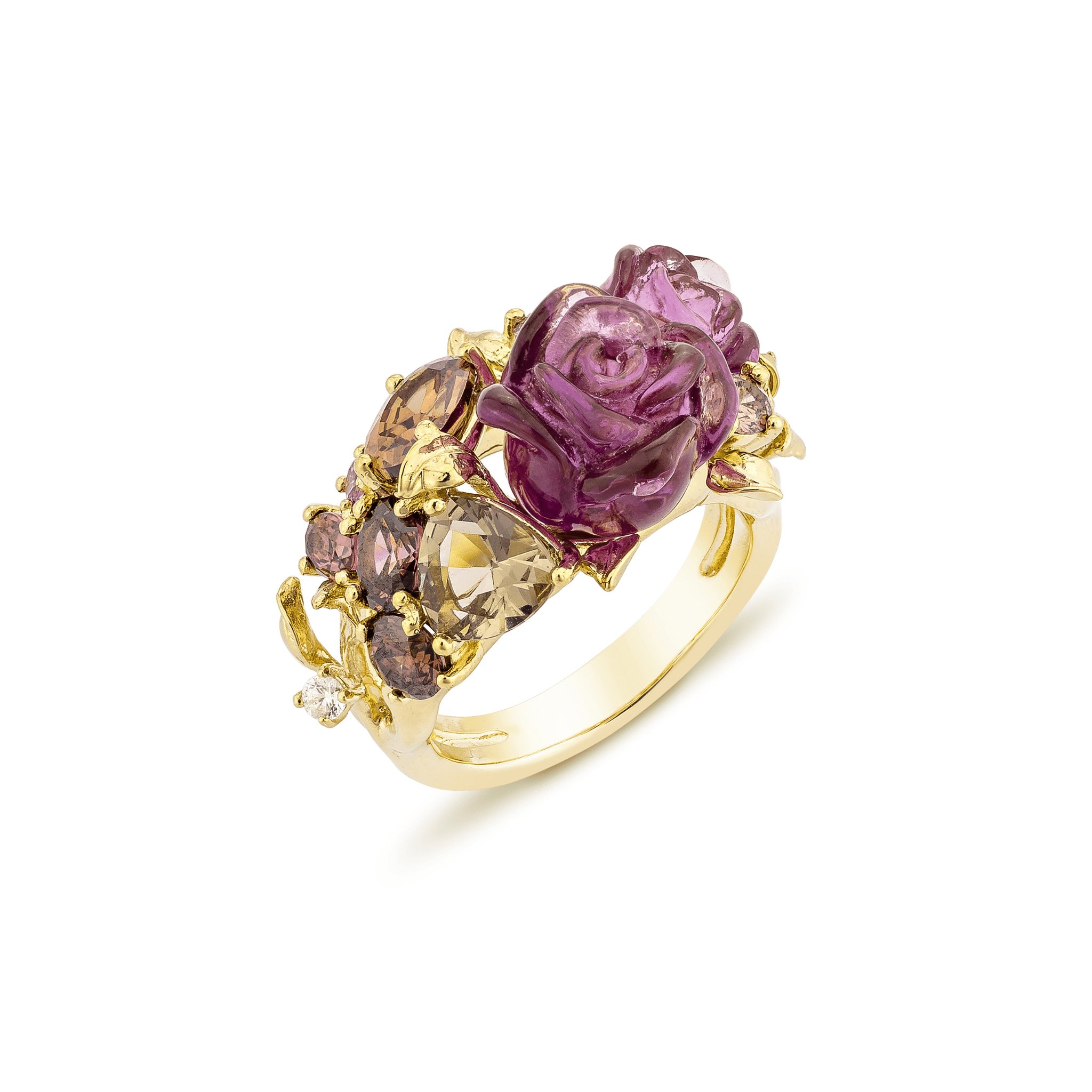 925YG CLUSTER FLOWER RESIN AMETHYST BROWN WHITE CZ RING T6 - C'SANTOS