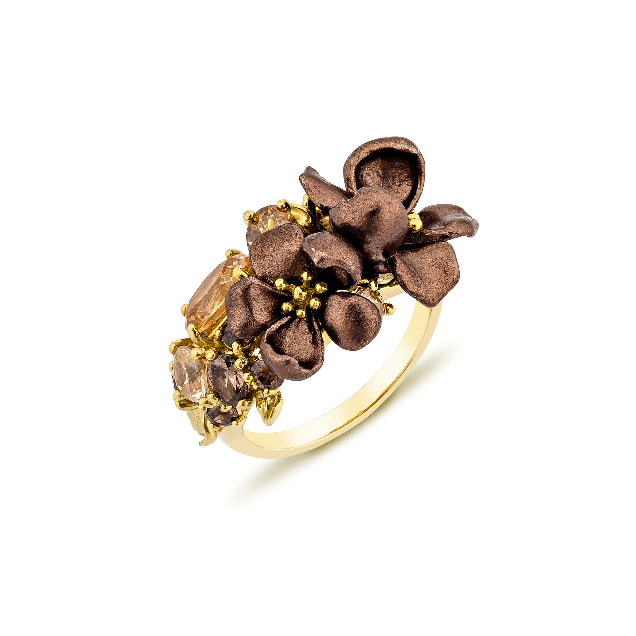 925YG CLUSTER FLOWERS ALUMINIUM BROWN CHAMPANGE BROWN CZ RING T6 - C'SANTOS