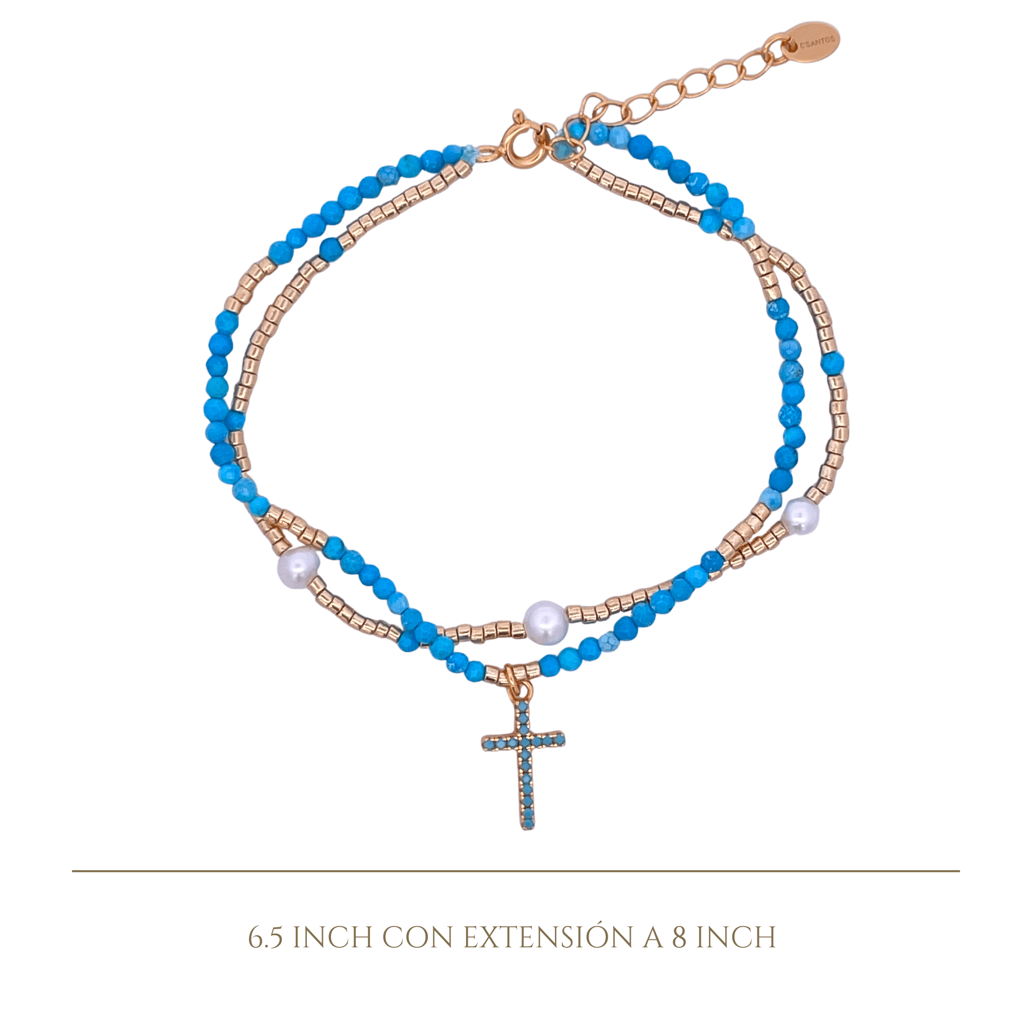 925YG DOUBLE LINE AND CROSS BRACELET TURQUOISE - C'SANTOS