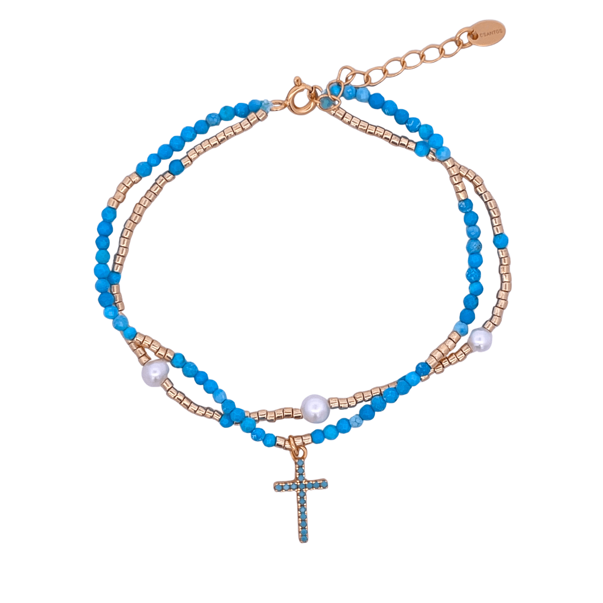925YG DOUBLE LINE AND CROSS BRACELET TURQUOISE - C'SANTOS
