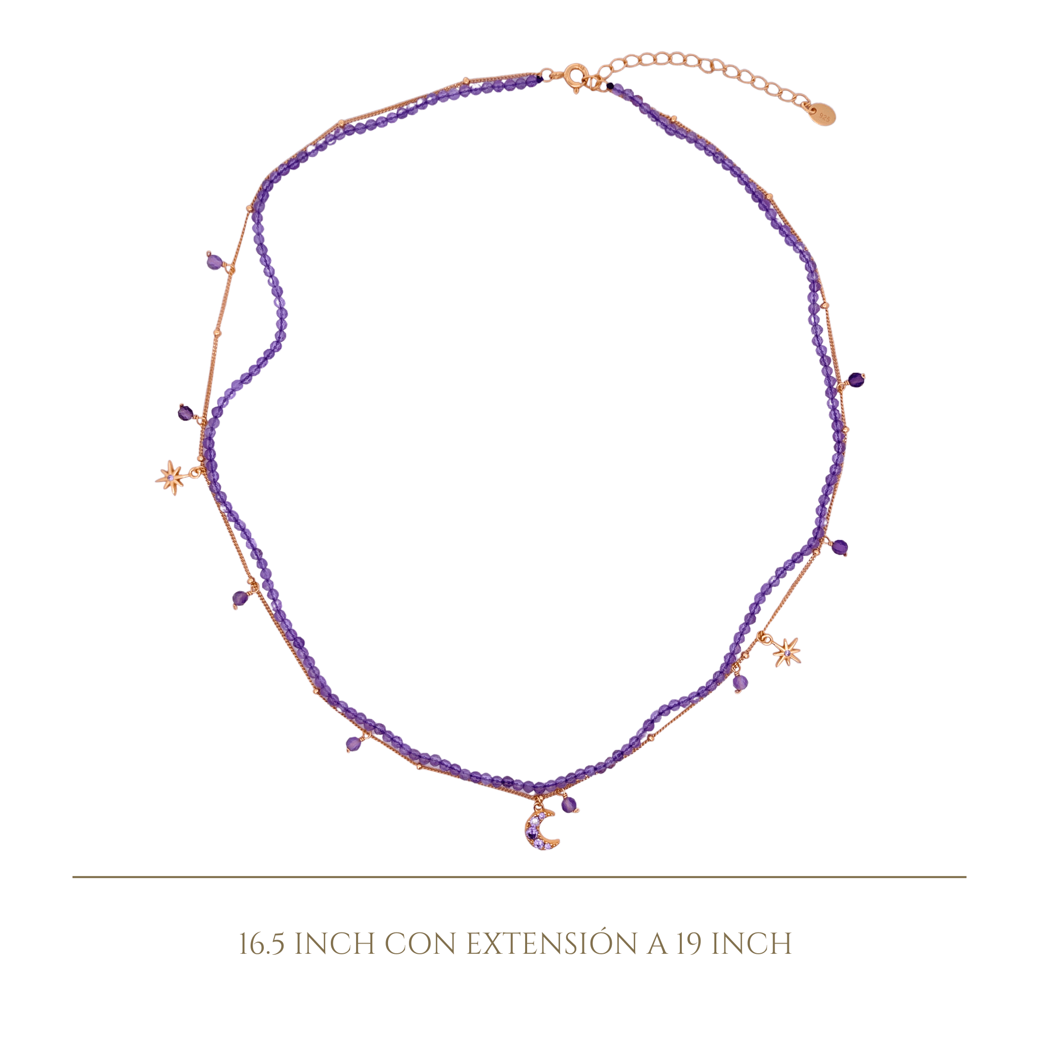 925YG DOUBLE LINE WITH CENTER MOON AND MULTI CHARM NECKLACE AMETHYST - C'SANTOS