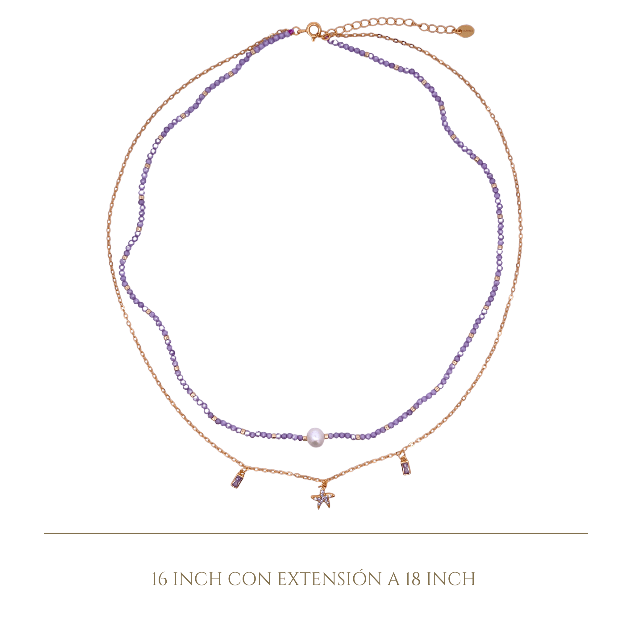 925YG DOUBLE LINE WITH STAR AND BAGUETTES NECKLACE AMETHYST - C'SANTOS