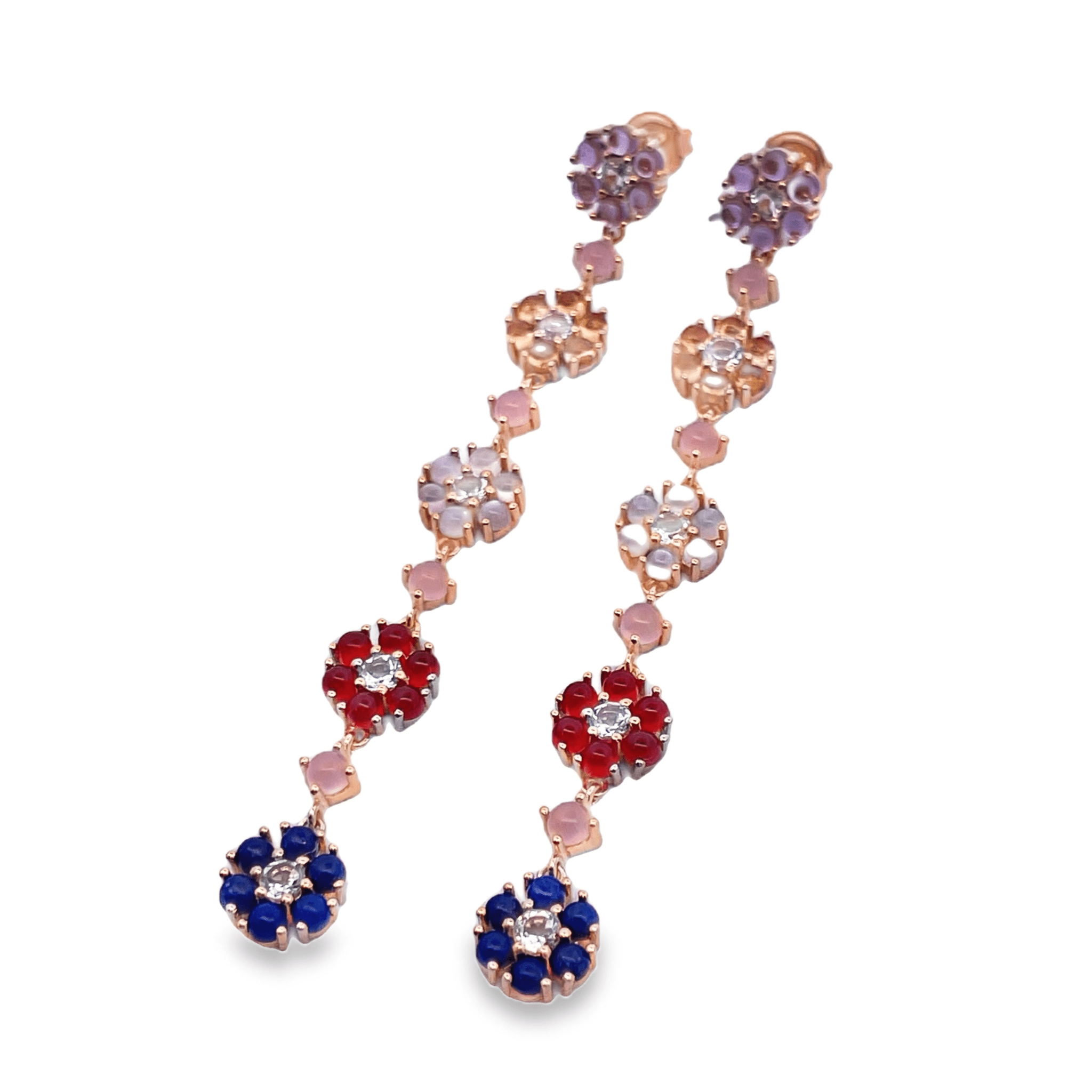 925YG DROP FIVE FLOWER 8MM AMETHYST CITRINE MOOSTONE ONYX RED LAPIS EARRINGS - C'SANTOS