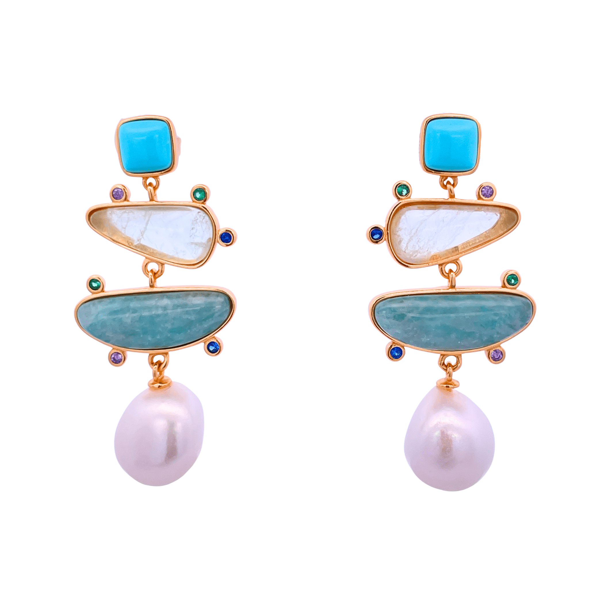 925YG DROP FOUR SHAPE EARRINGS AMAZONITE & PEARL - C'SANTOS