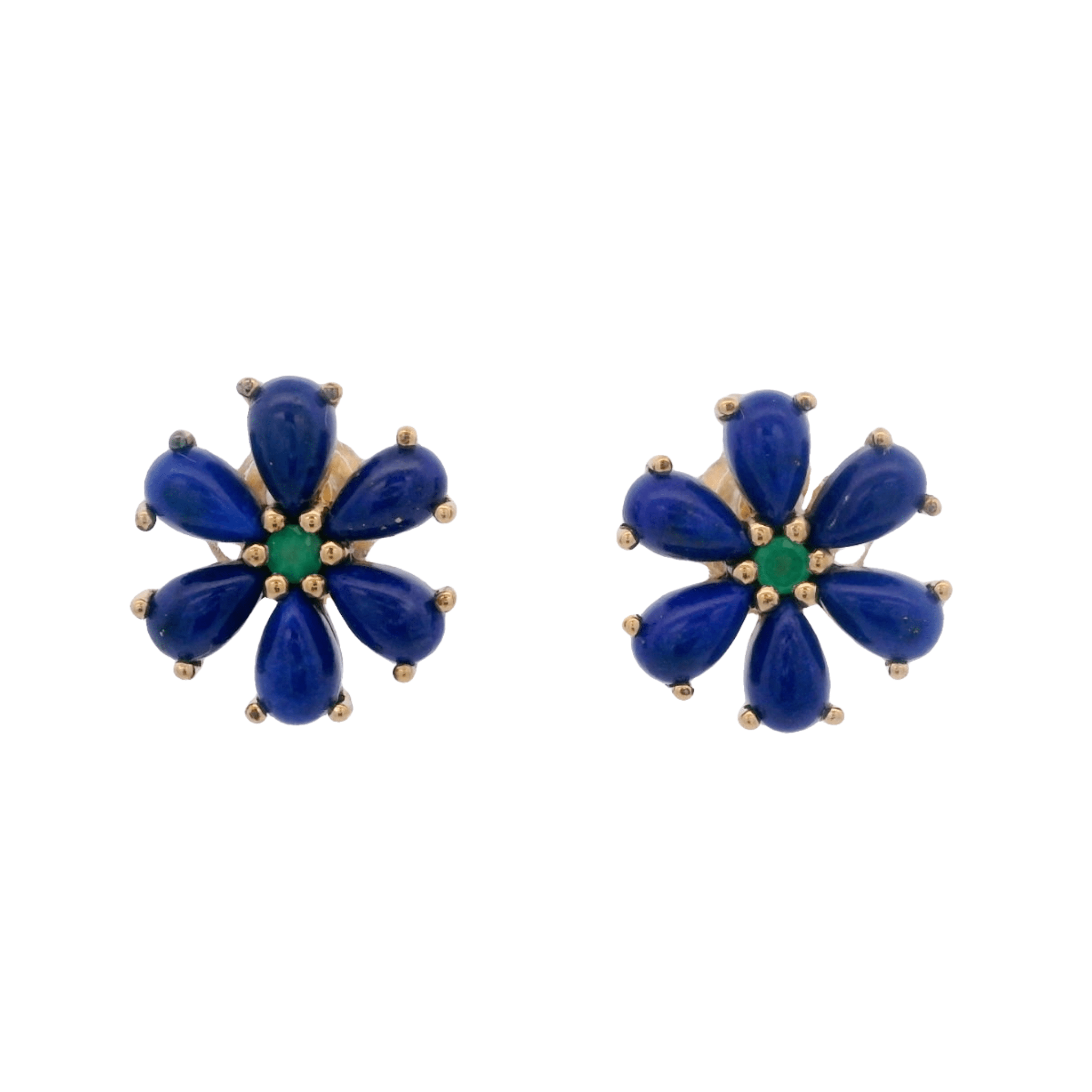 925YG FLOWER 12MM LAPIS LAZULI CENTER ONYXS GREEN EARRINGS - C'SANTOS