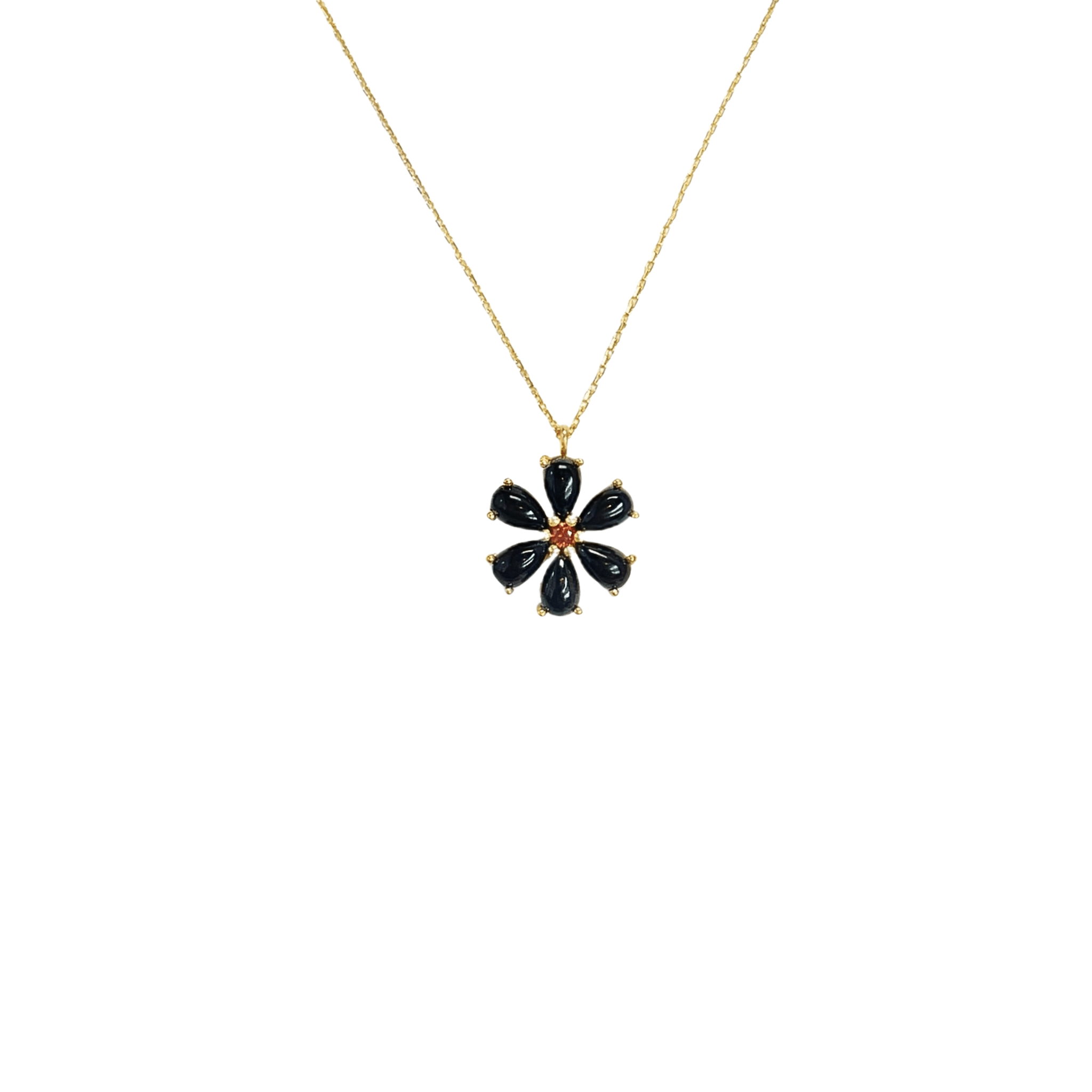 925YG FLOWER 12MM ONYX BLACK CENTER GARNET NECKLACE - C'SANTOS