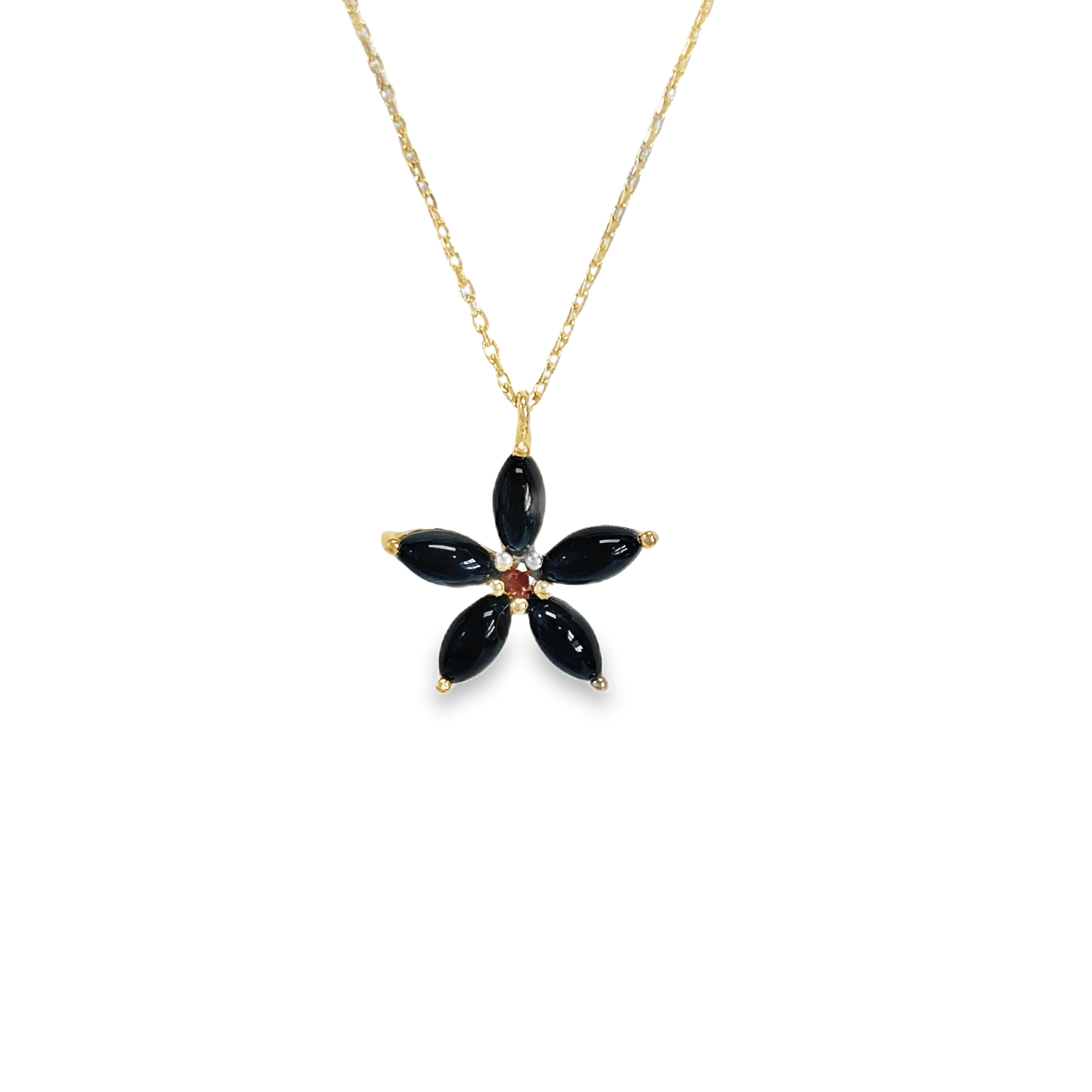 925YG FLOWER 15MM ONYX BLACK CENTER GARNET NECKLACE - C'SANTOS