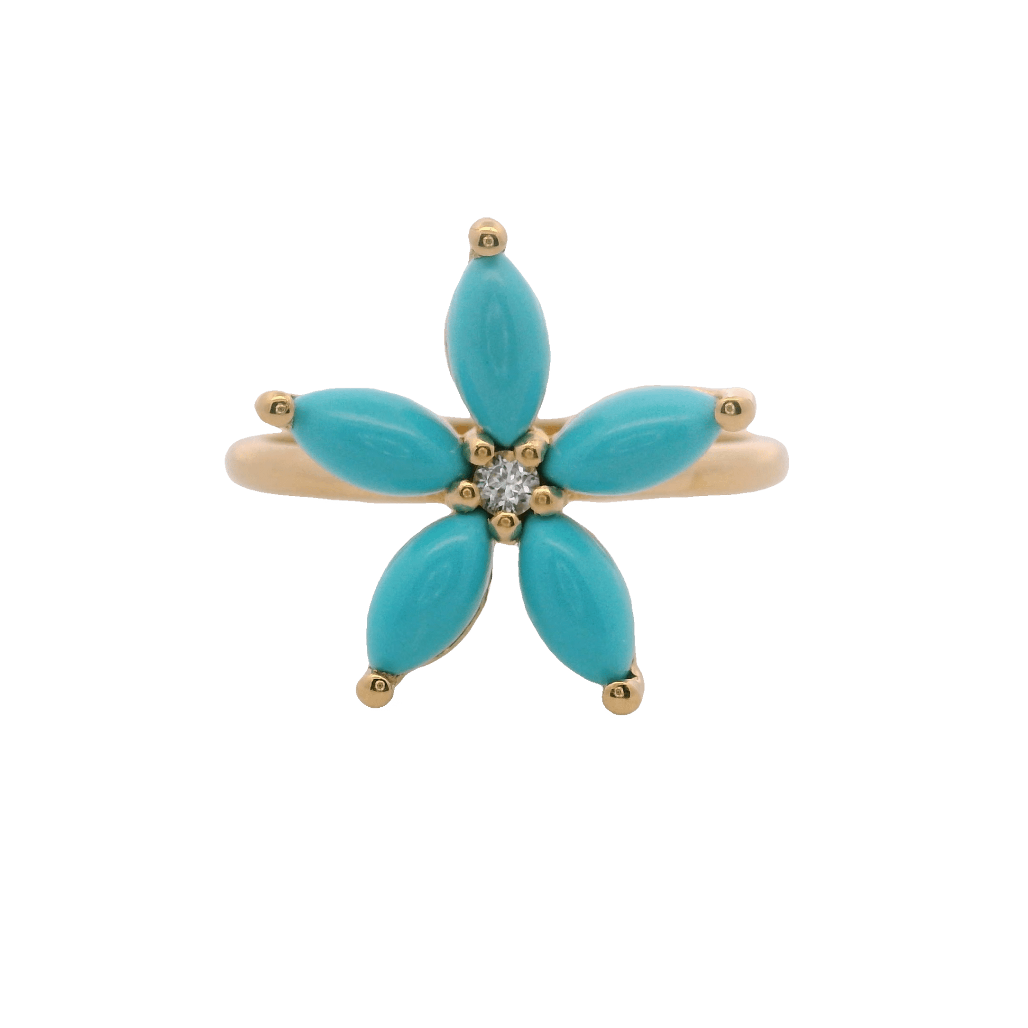 925YG FLOWER 15MM TURQUOISE SYN CENTER TOPAZ WHITE RING T6.5 - C'SANTOS