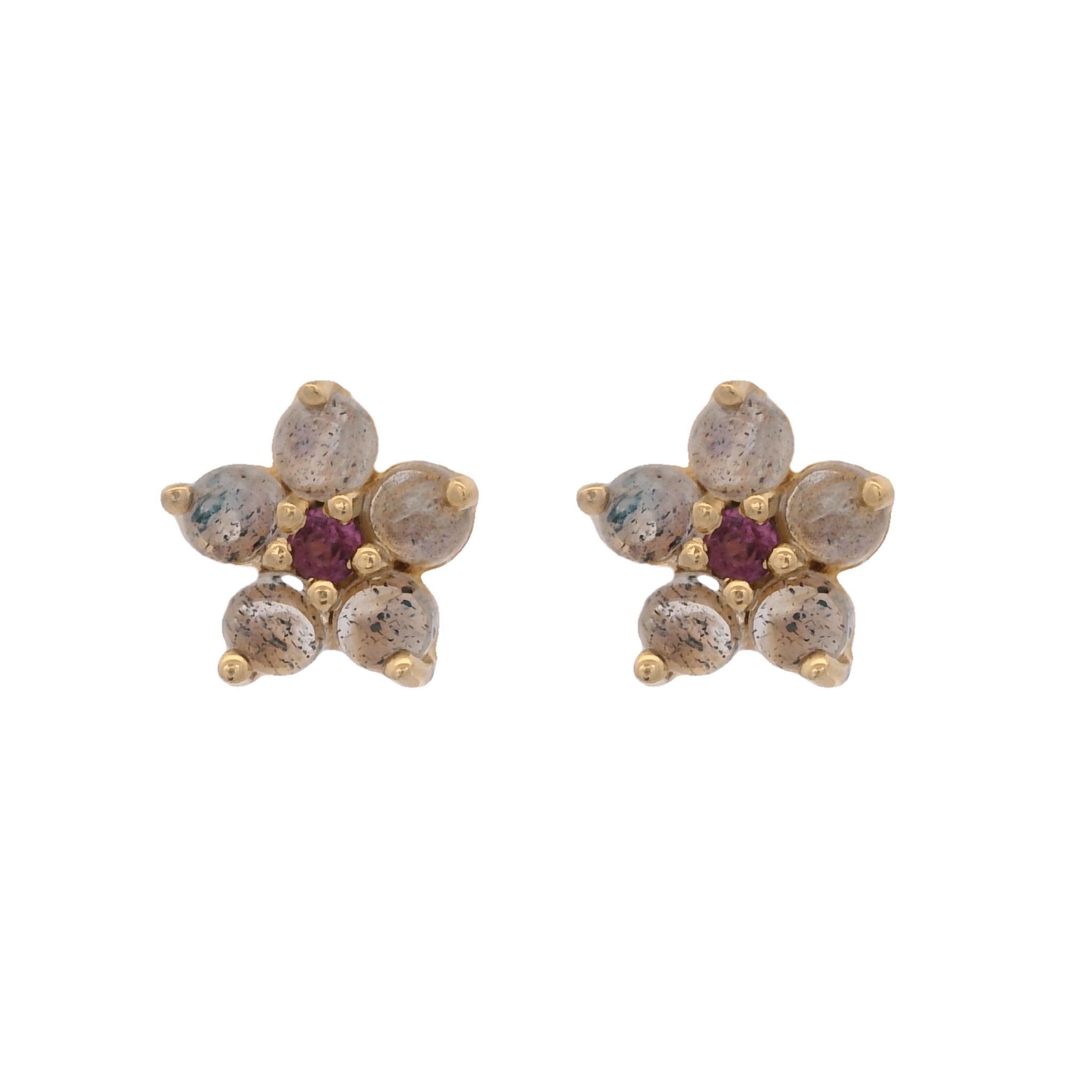 925YG FLOWER 6MM LABRADORITE CENTER GARNET EARRINGS - C'SANTOS