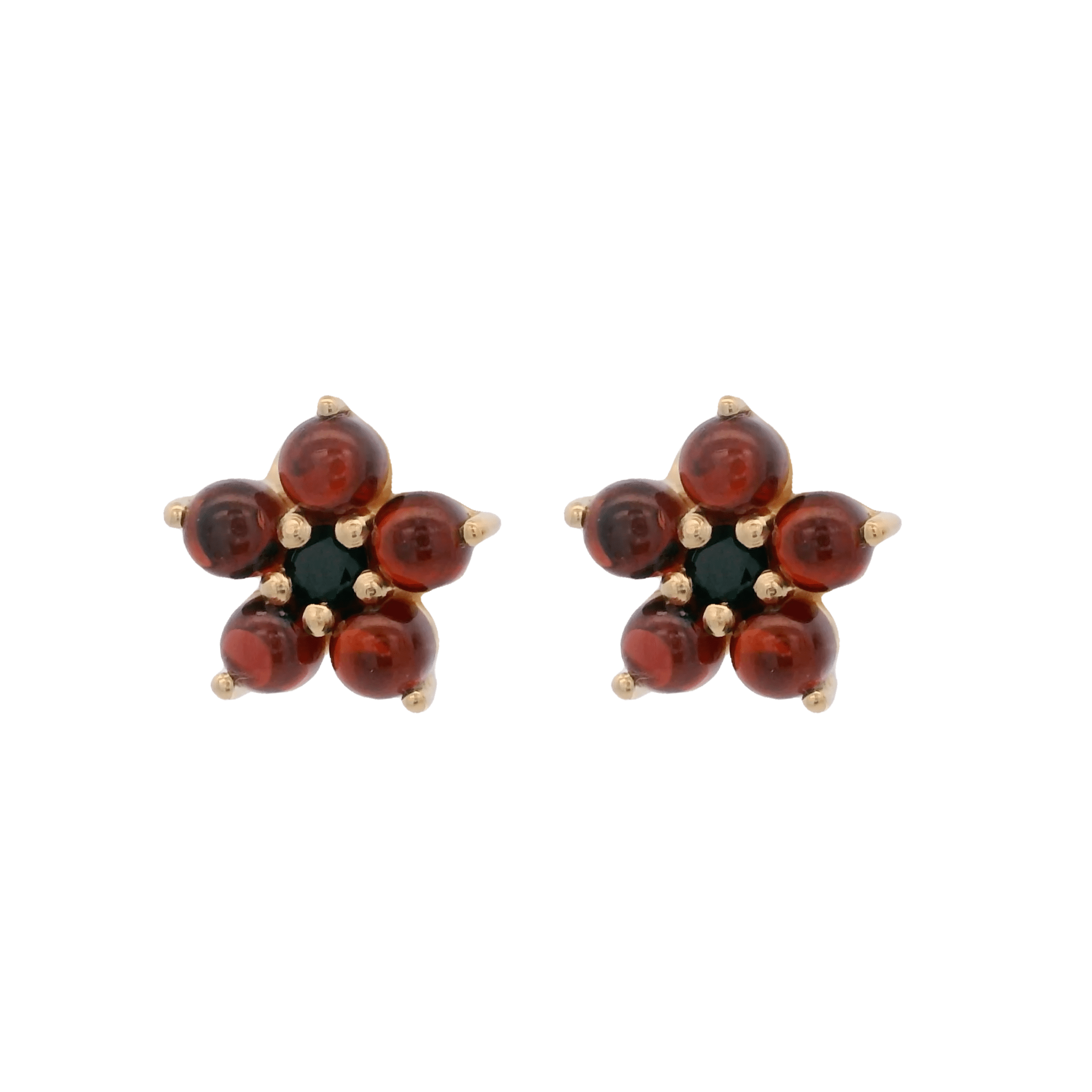 925YG FLOWER 8MM GARNET CENTER SPINEL BLACK EARRINGS - C'SANTOS