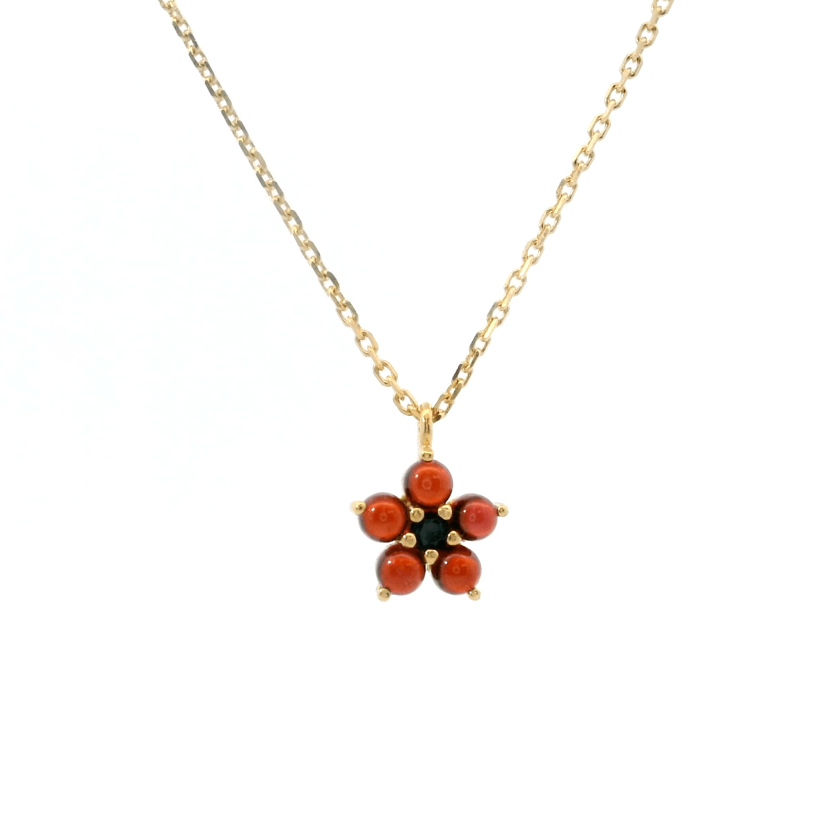 925YG FLOWER 8MM GARNET CENTER SPINEL BLACK NECKLACE - C'SANTOS