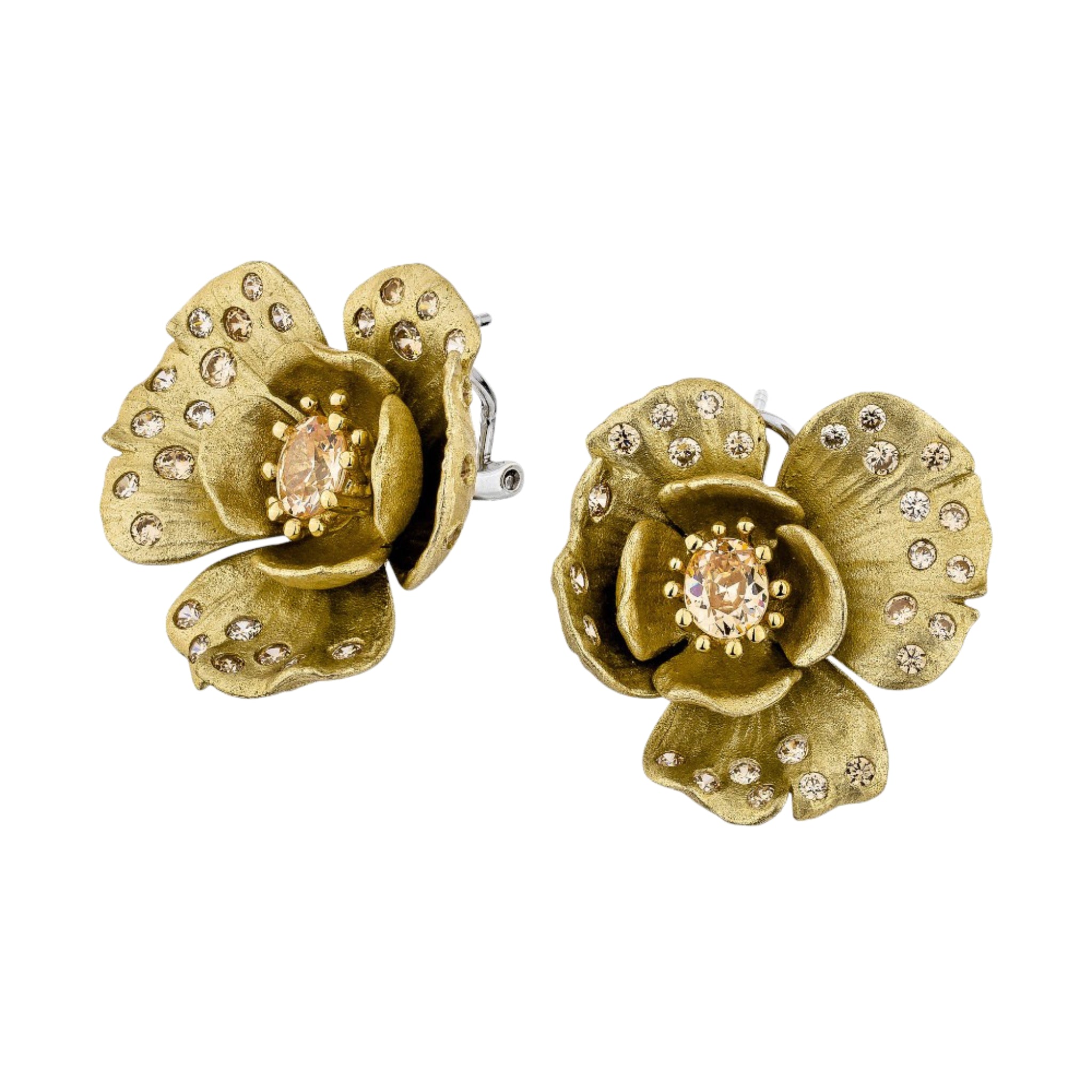 925YG FLOWER CZ ALUMINIUM GOLD CENTER CHAMPANGE CZ EARRINGS - C'SANTOS