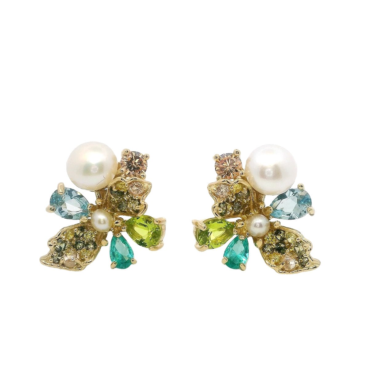 925YG FLOWER MIX STONE WITH PERL EARRINGS - C'SANTOS