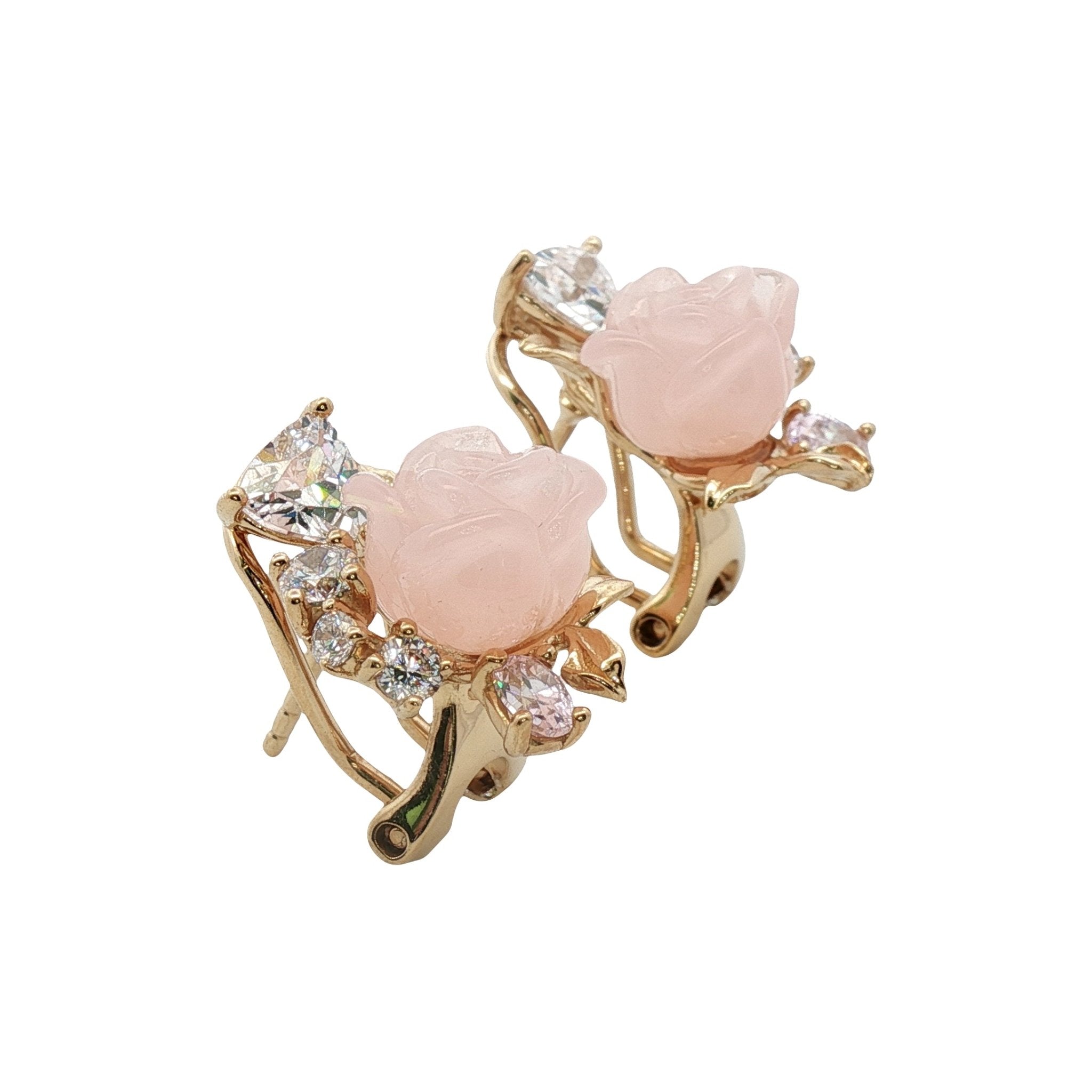 925YG FLOWER RESIN ROSE QUARTZ CANNARY WHITE CZ EARRINGS - C'SANTOS