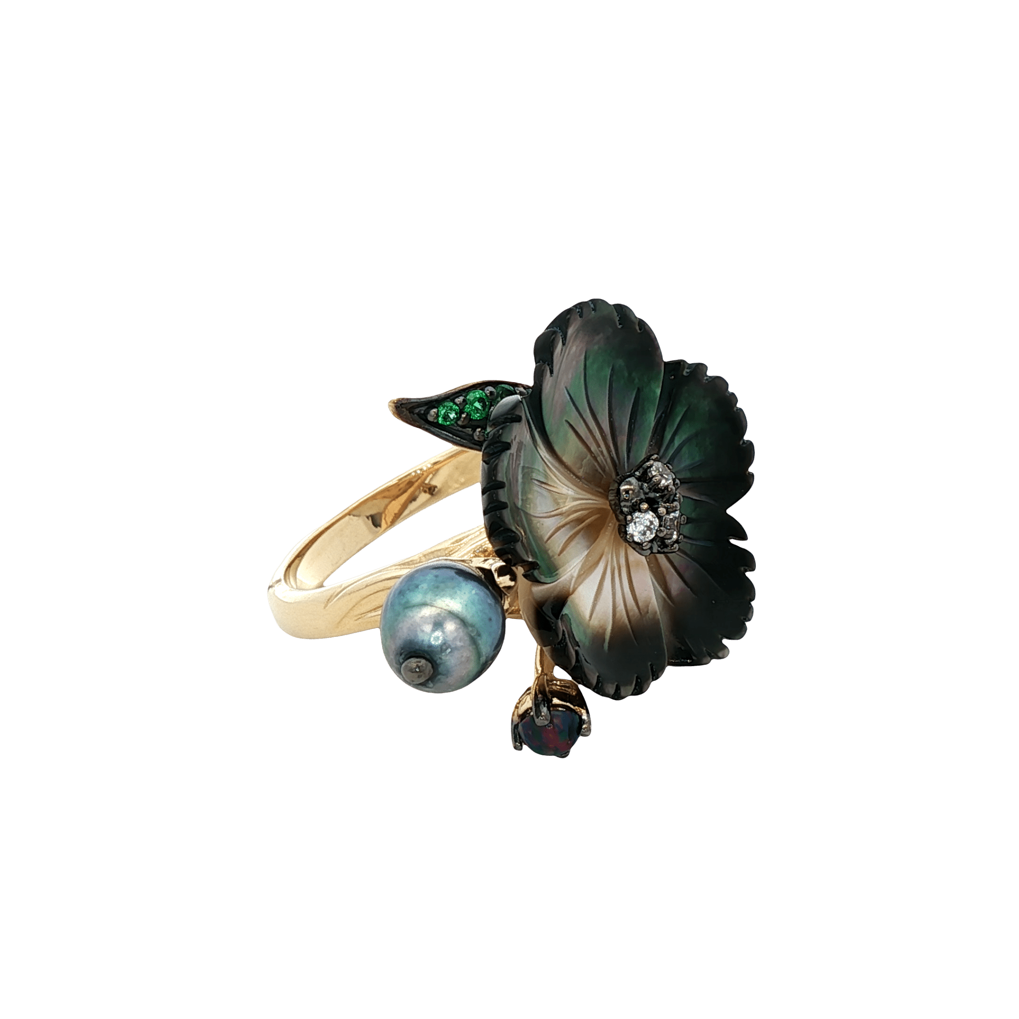 925YG FLOWER SHELL BLACK AND SYN OPAL PEAL BLACK GREY RING T6 - C'SANTOS