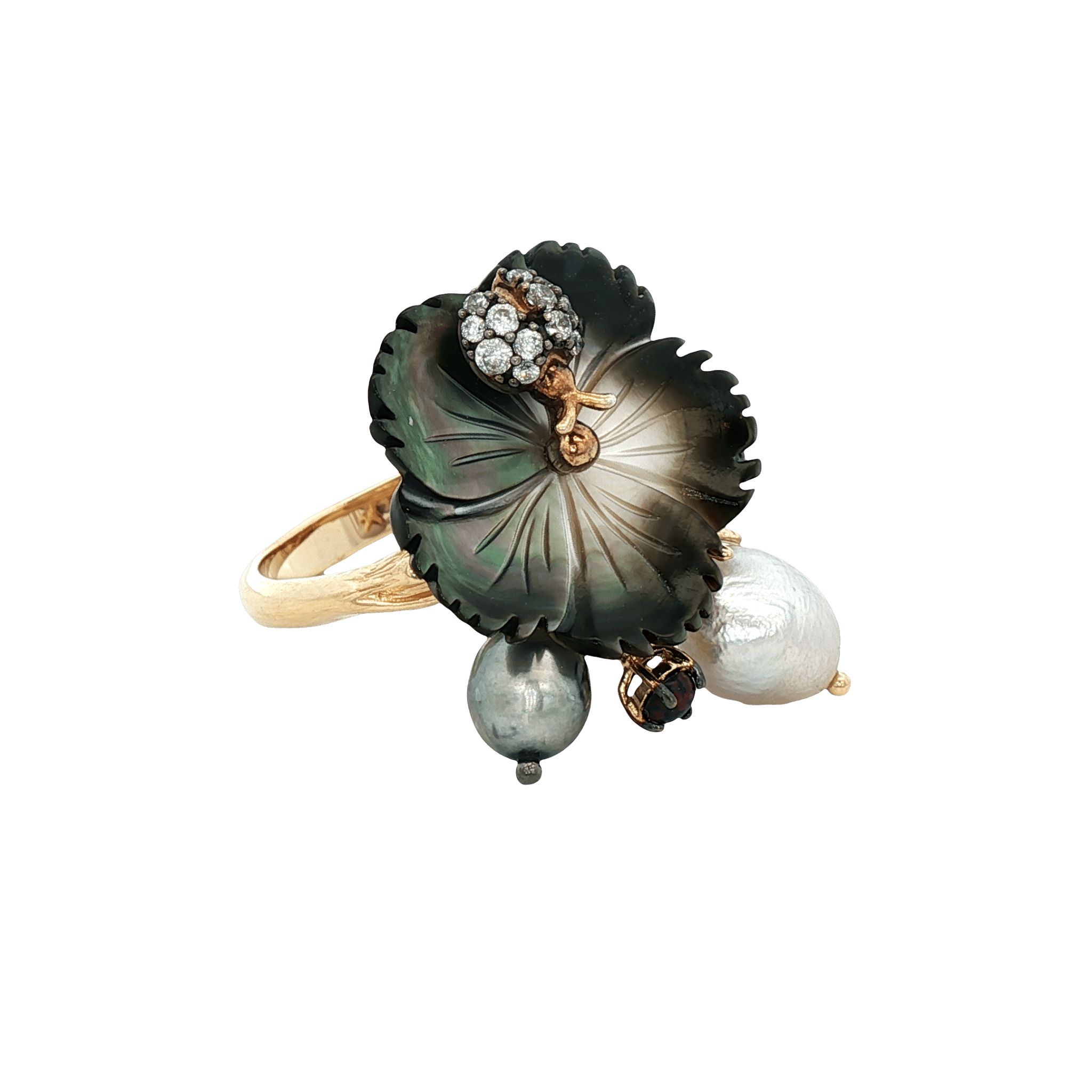 925YG FLOWER SHELL BLACK LADYBUG AND SYN OPAL PEAL BLACK GREY RING T7 - C'SANTOS