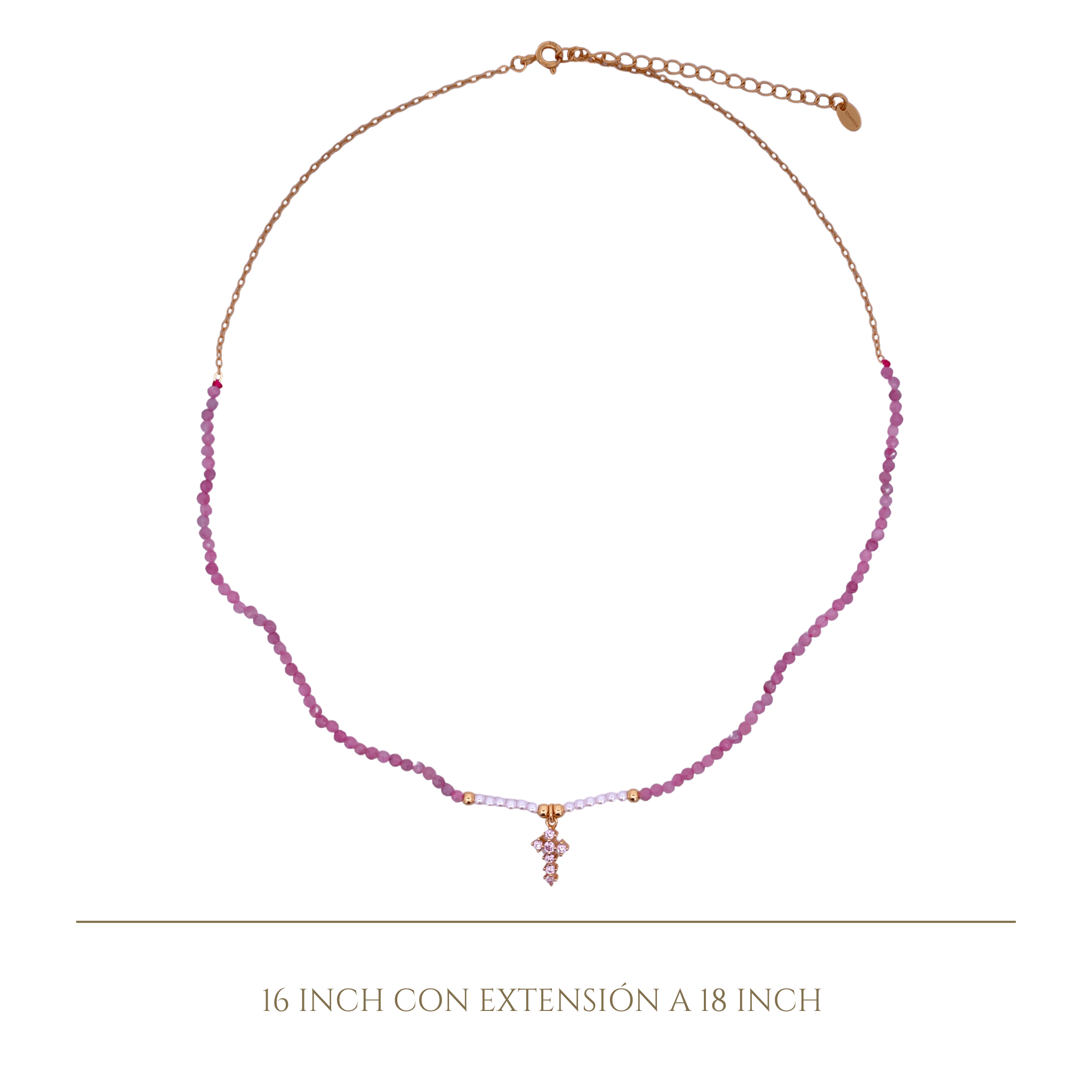 925YG HALF BEANDS WITH CROSS NECKLACE ROSE QUARTZ - C'SANTOS