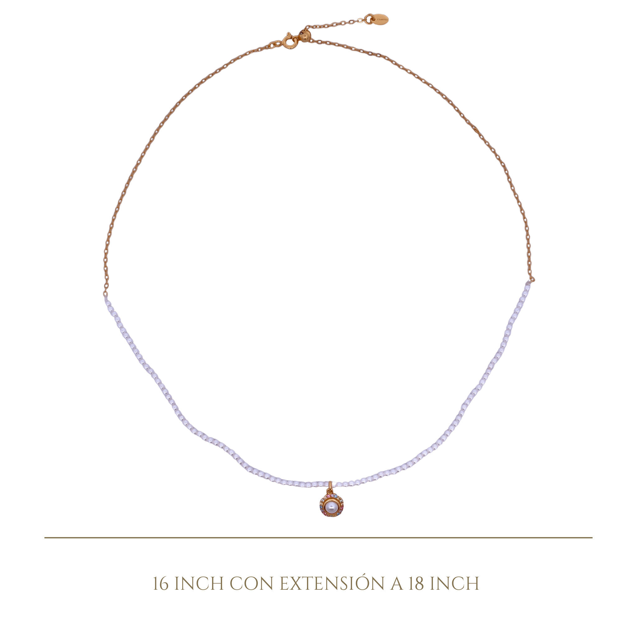 925YG HALF BEANDS WITH SOLITARY HALO NECKLACE SYN PEARL - C'SANTOS