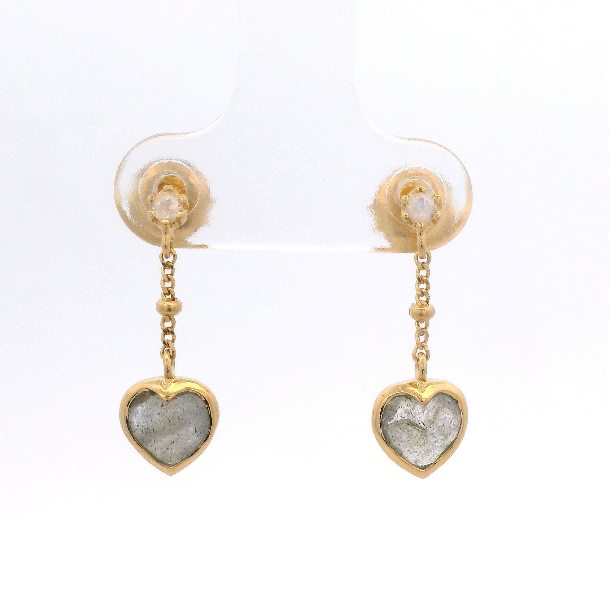 925YG HEART BEZEL LABRADORITE CHAIN EARRINGS - C'SANTOS