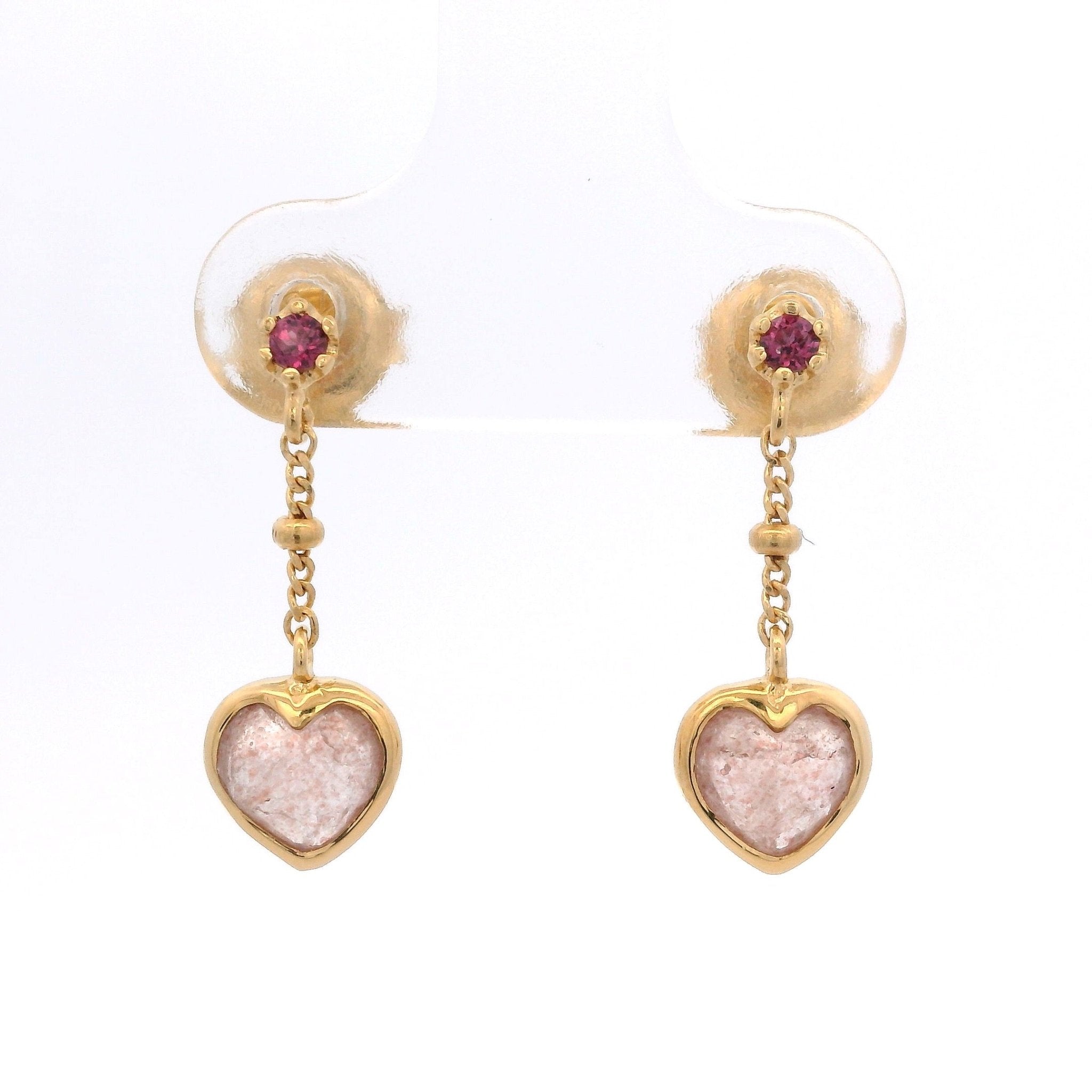 925YG HEART BEZEL STRAWBERRY PINK QUARTZ CHAIN EARRINGS - C'SANTOS