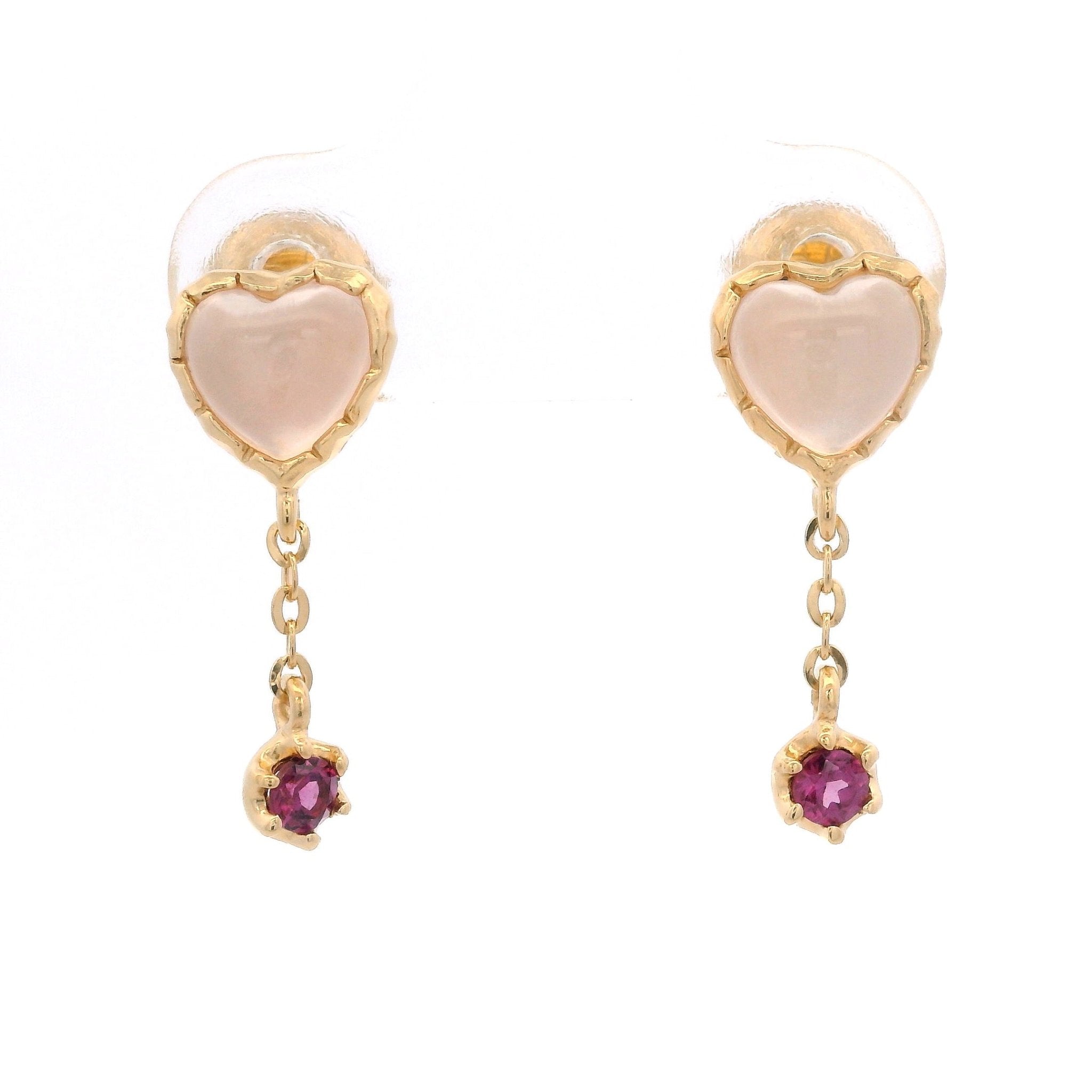 925YG HEART ROSE QUARTZ CHAIN RHODOLITE GARNET EARRINGS - C'SANTOS