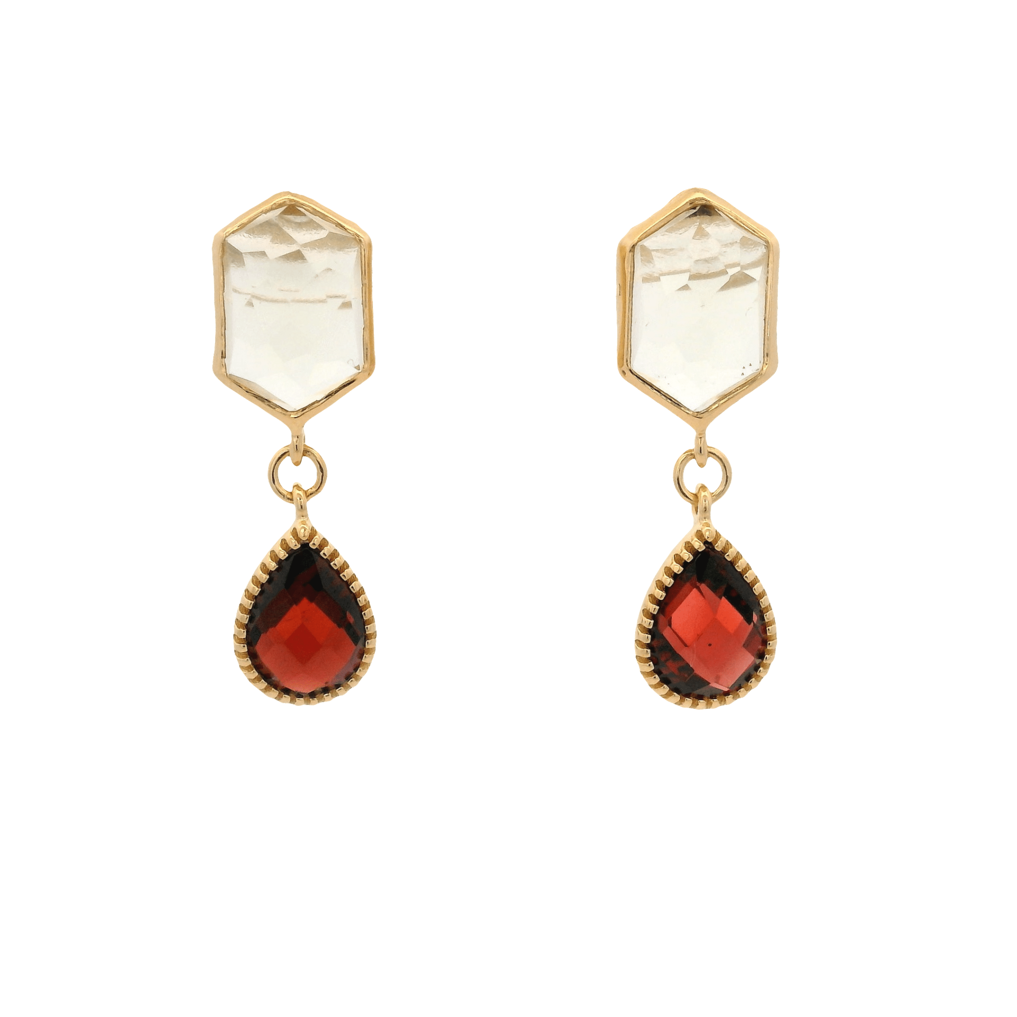 925YG HEXAGONAL LEMON QUARTZ WITH DROP GARNET EARRINGS - C'SANTOS