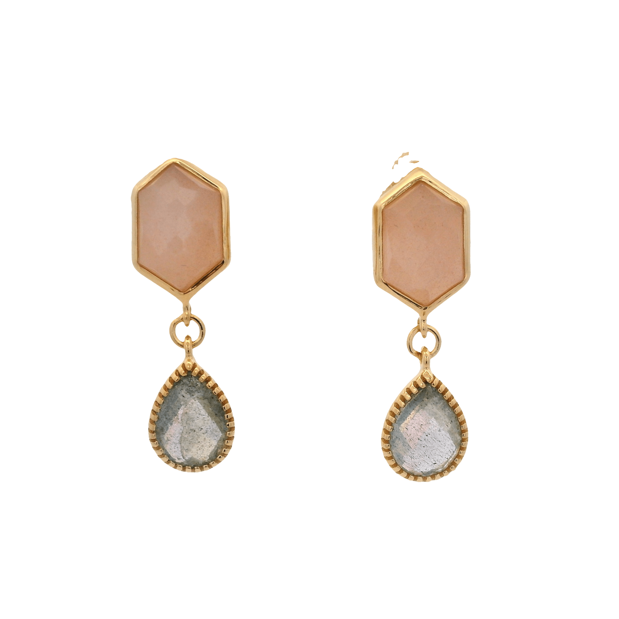 925YG HEXAGONAL MOOSTONE PEACH DROP LABRADORITE EARRINGS - C'SANTOS
