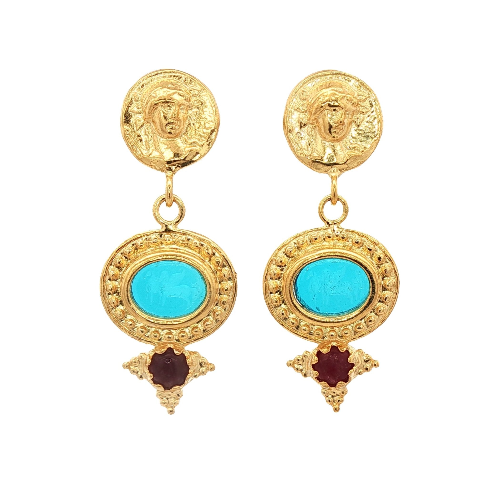 925YG HORSES SKY BLUE AND RUBY EARRINGS - C'SANTOS