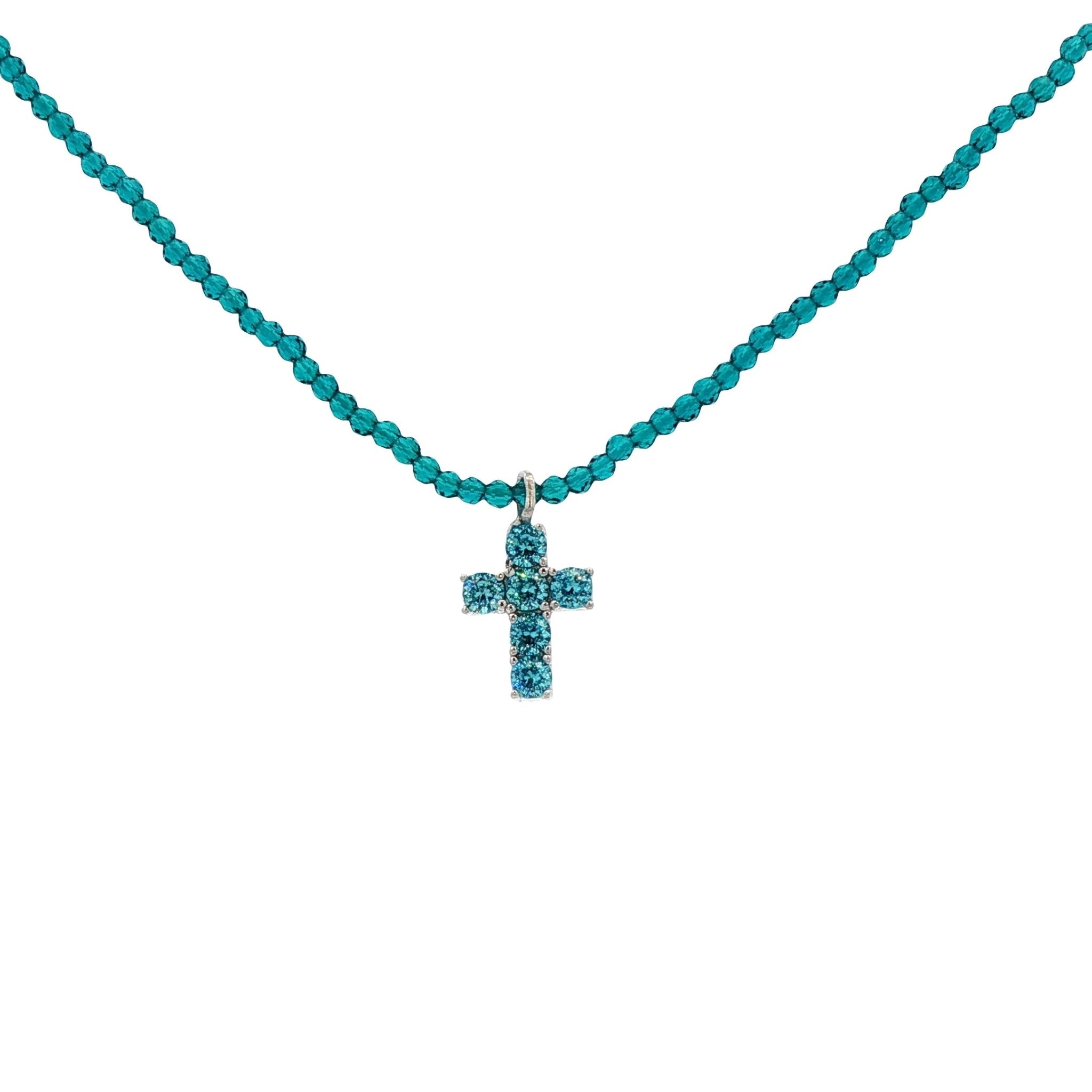 925YG MEDIUM CROSS TURQUESA CZ NECKLACE - C'SANTOS