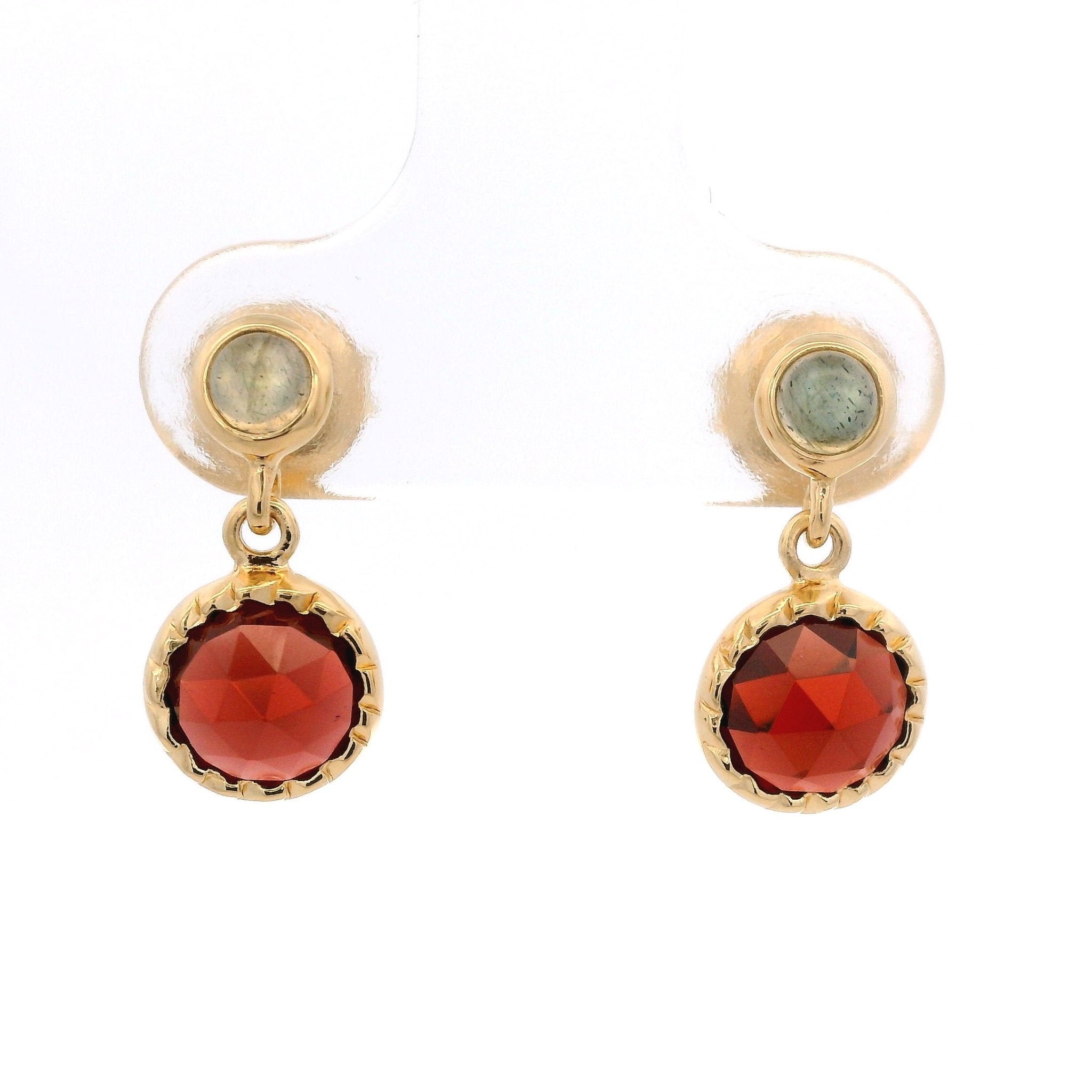 925YG MINI BEZEL LABRADORITE DROP GARNET EARRINGS - C'SANTOS