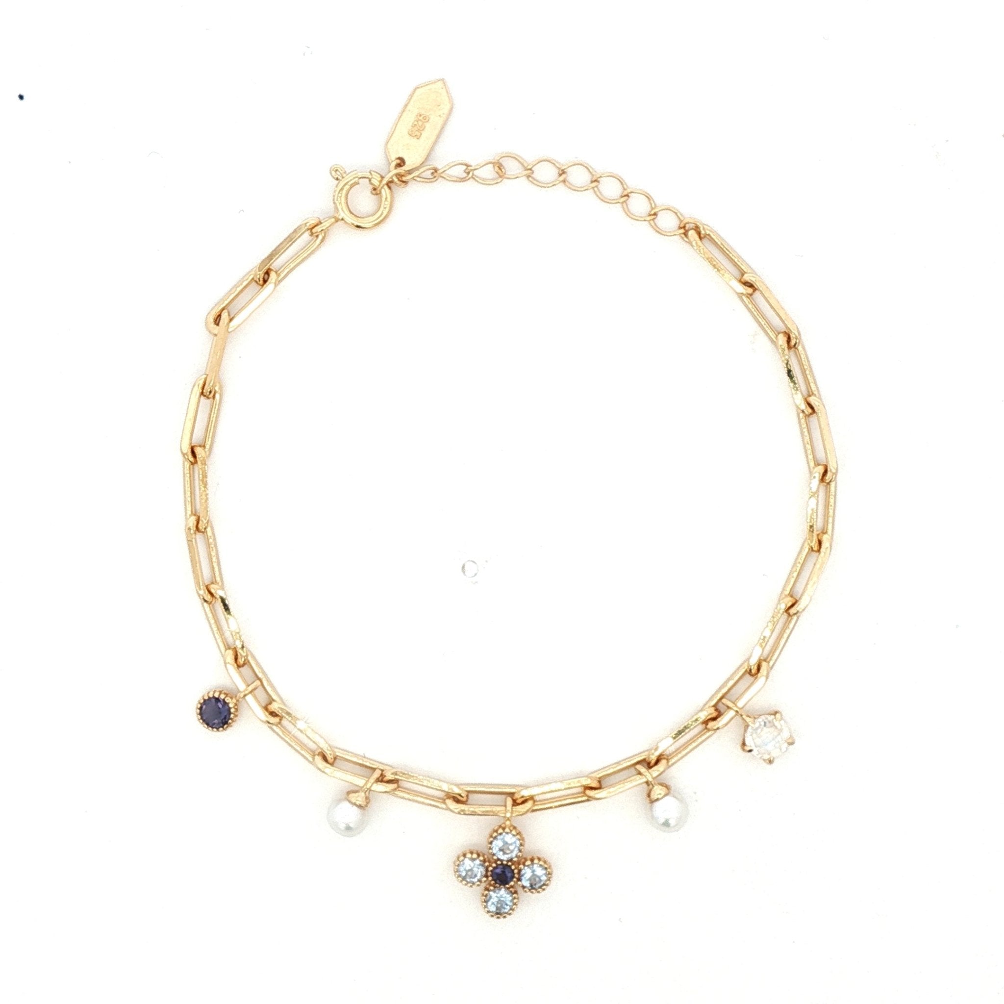 925YG MULTI CHARM CLOVER TOPAZ BLUE PEARL BRACELET - C'SANTOS