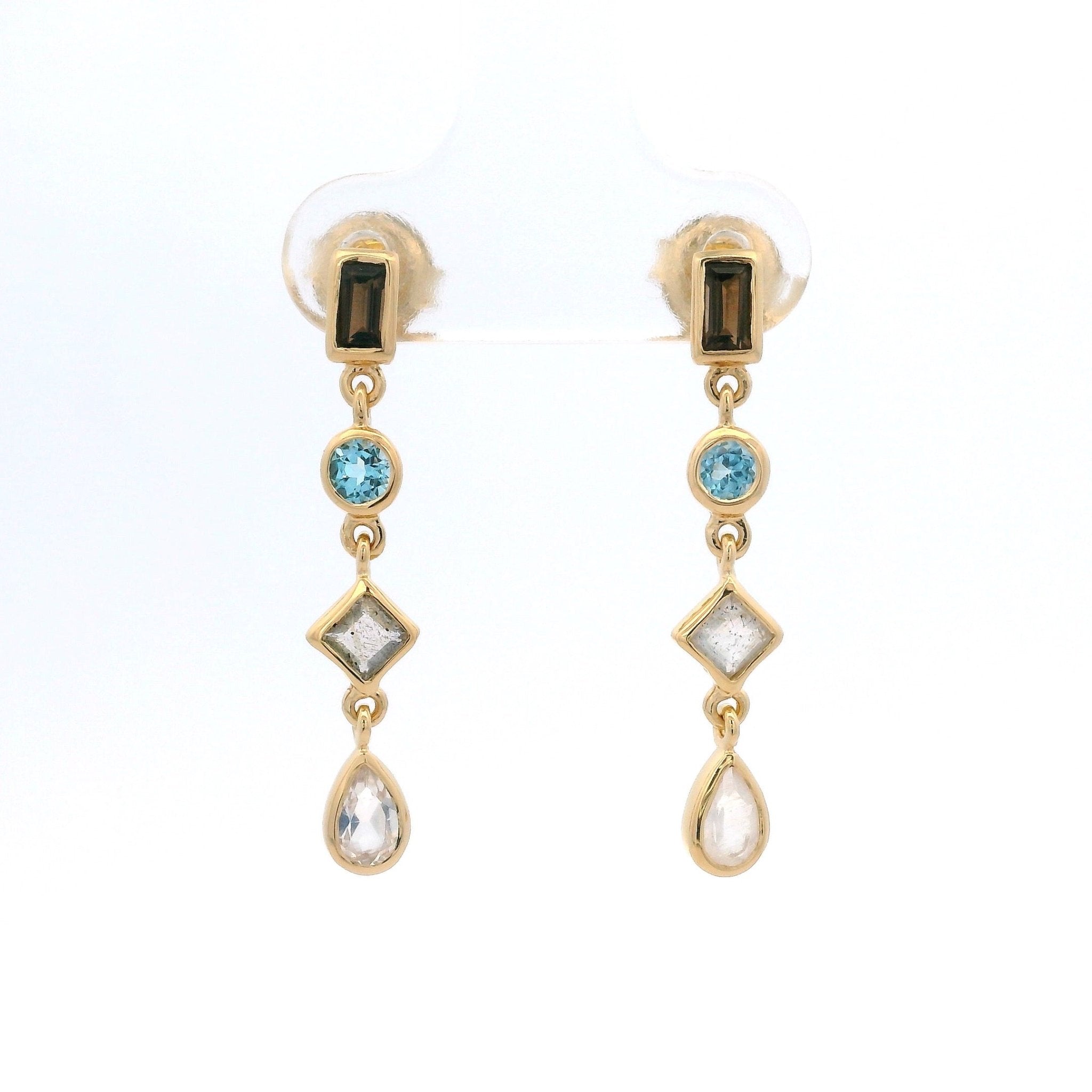 925YG MULTI SHAPE SMOKY QUARTZ LABRADORITE EARRINGS - C'SANTOS