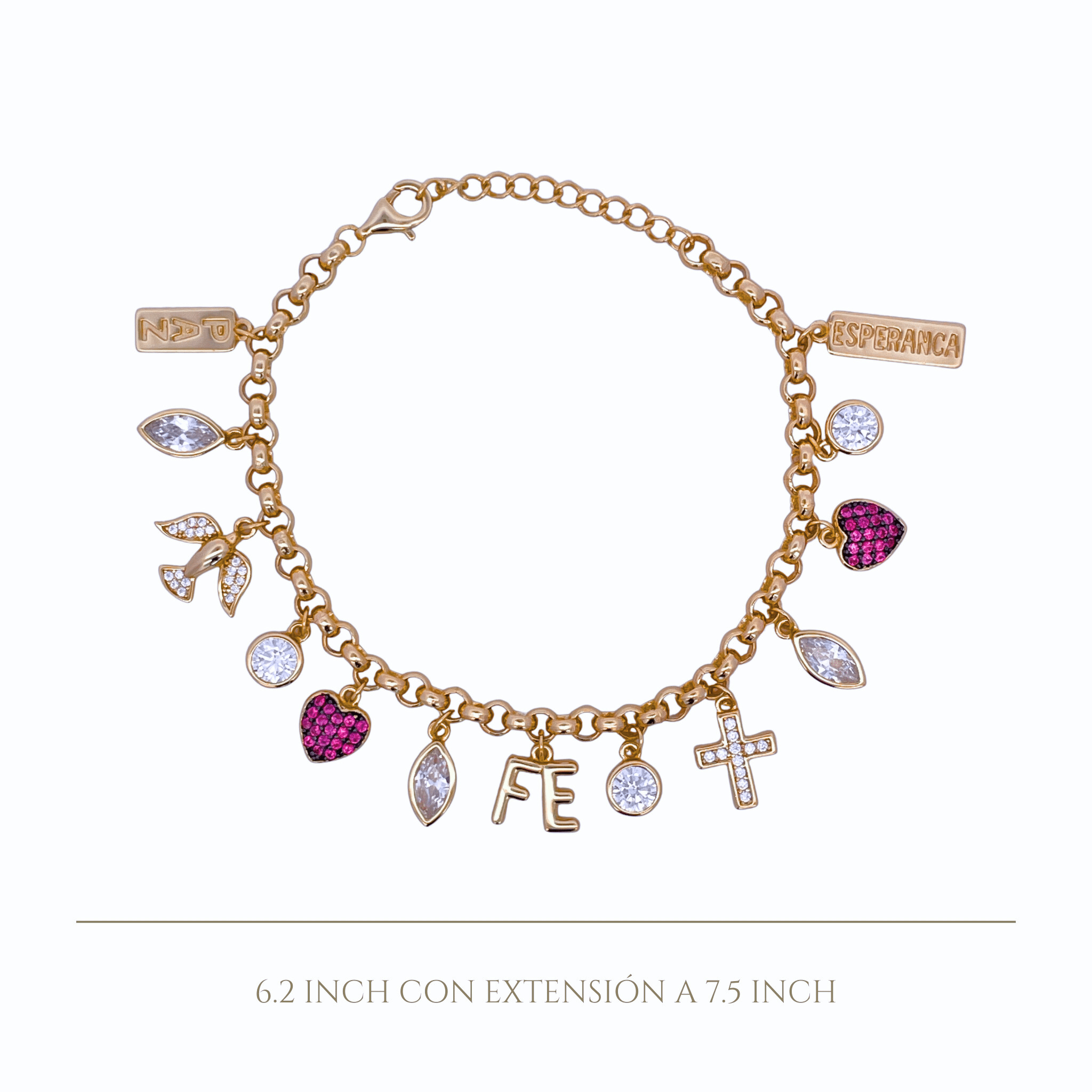 925YG MULTICHARMS RELIGIOUS HEART FUSHIA ESPERANCA BRACELET - C'SANTOS