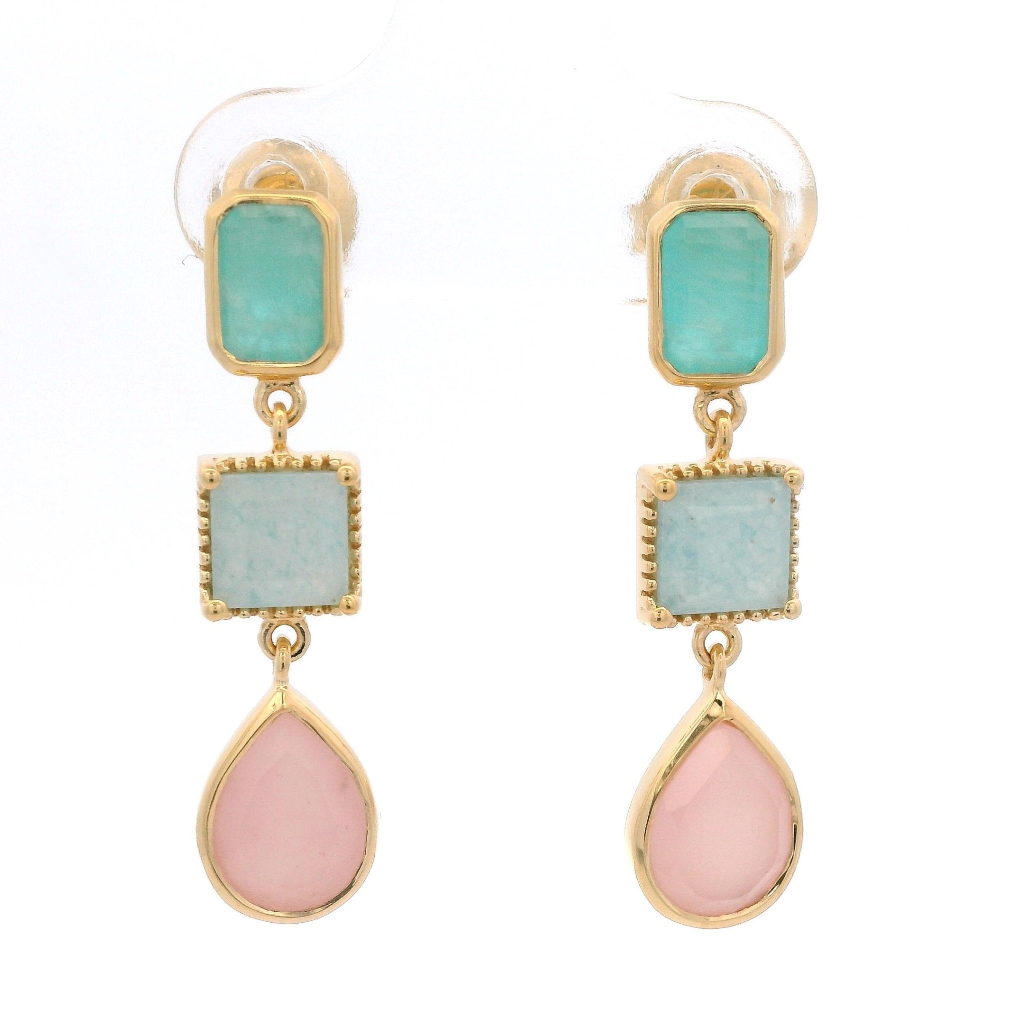 925YG MULTISHAPE DROP PINK QUARTZ AMAZONITE EARRINGS - C'SANTOS