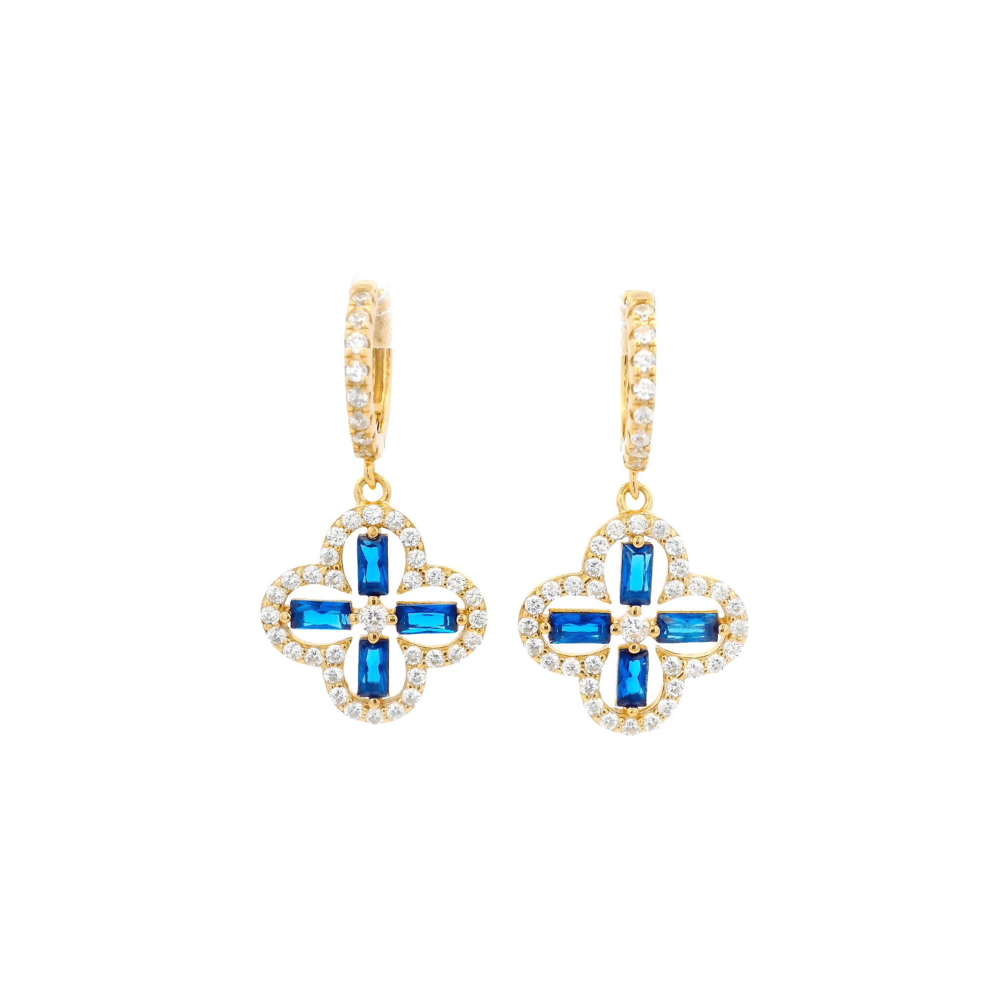 925YG OUTLINE CLOVER CZ BLUE EARRINGS - C'SANTOS