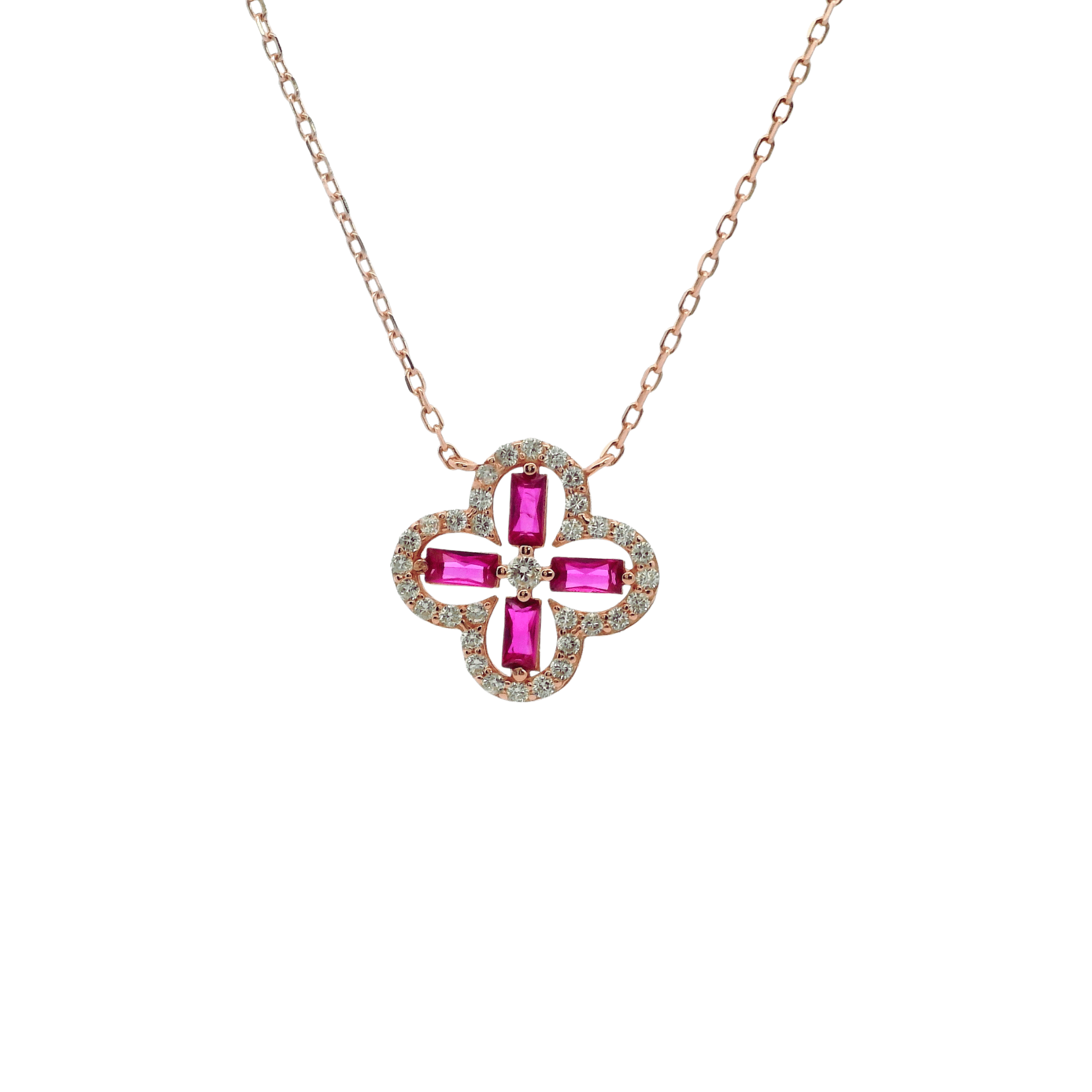 925YG OUTLINE CLOVER CZ FUSHIA NECKLACE - C'SANTOS