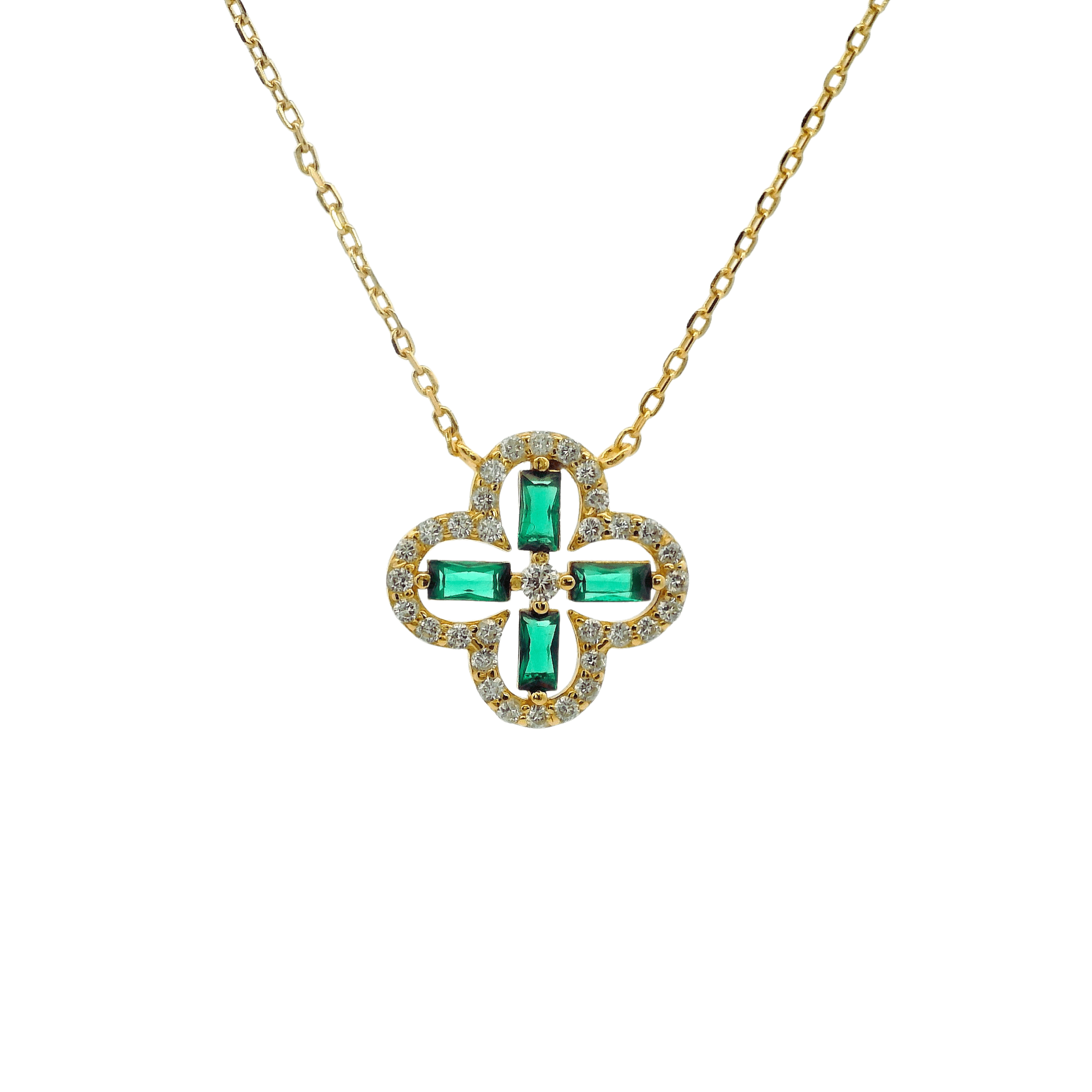 925YG OUTLINE CLOVER CZ GREEN NECKLACE - C'SANTOS