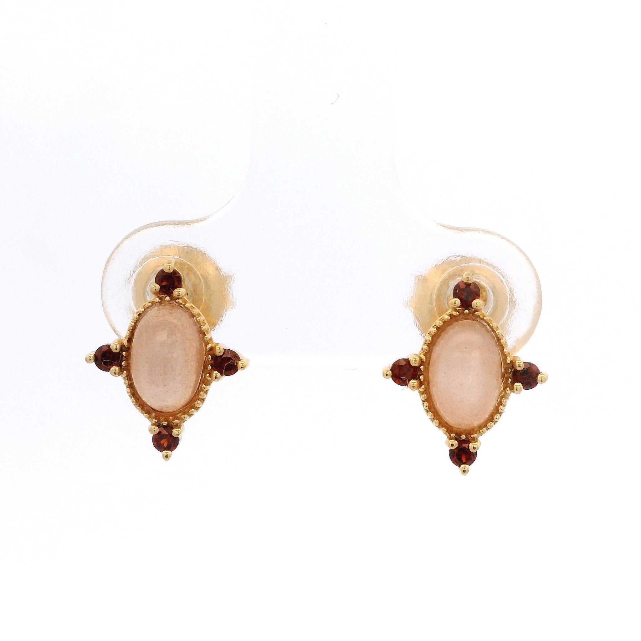 925YG OVAL MOOSTONE PEACH 4 POINTS GARNET EARRINGS - C'SANTOS