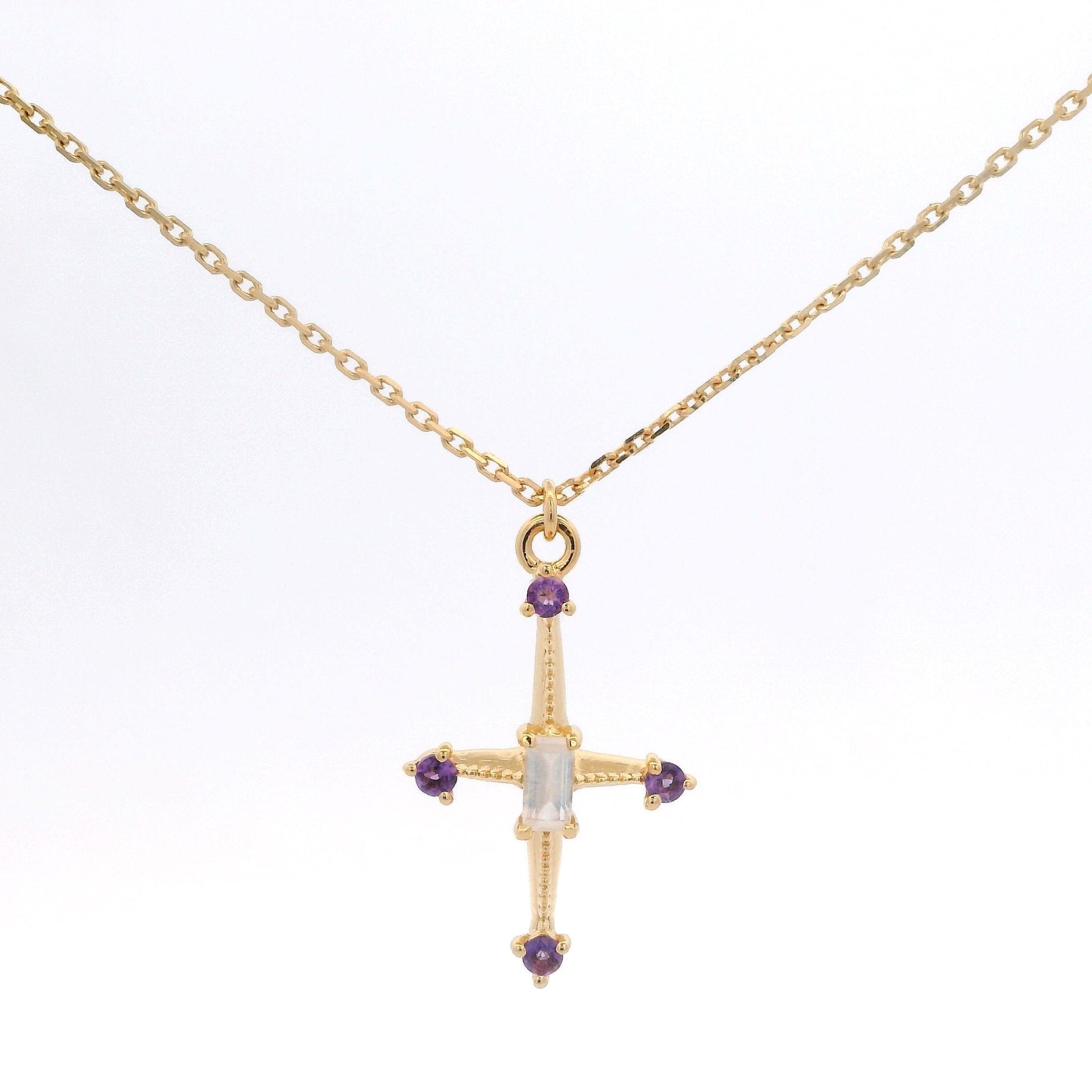 925YG RECTAGLE MOOSTONE POINTS AMETHYST NECKLACE - C'SANTOS