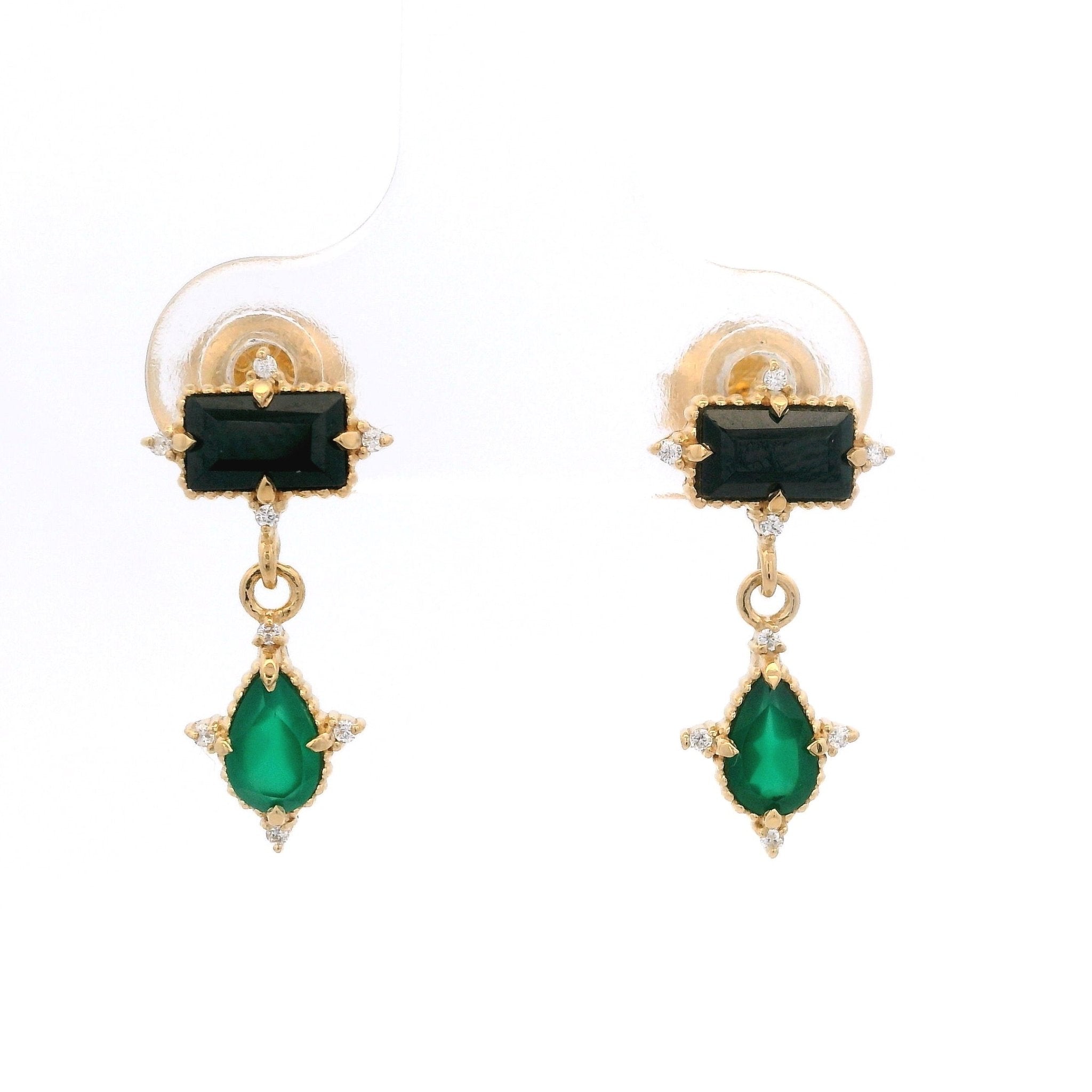 925YG RECTAGLE SPINEL BLACK DROP ONYX GREEN CZ EARRINGS - C'SANTOS