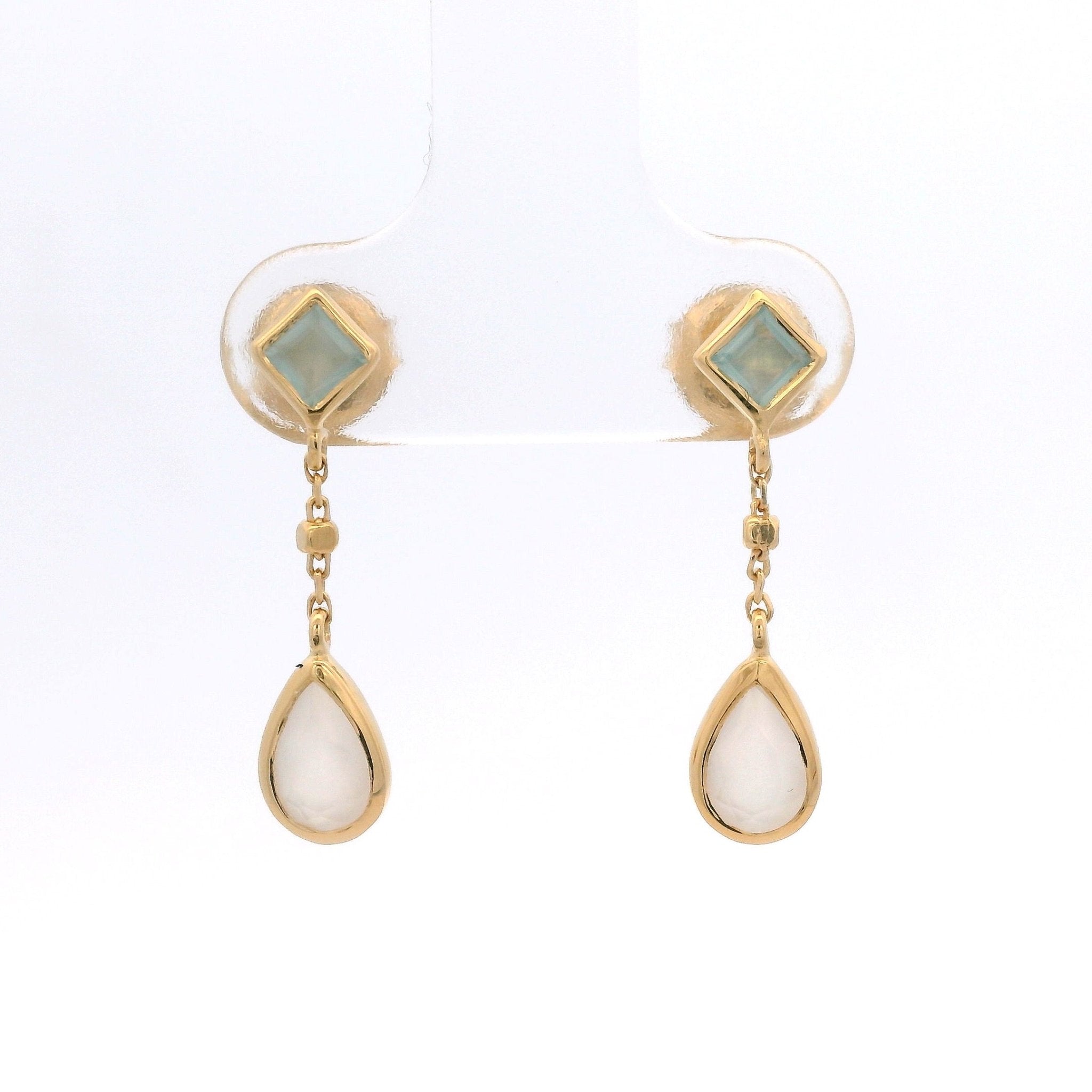 925YG RHOMBUS CHALCEDONY CHAIN DROP MOOSTONE EARRINGS - C'SANTOS