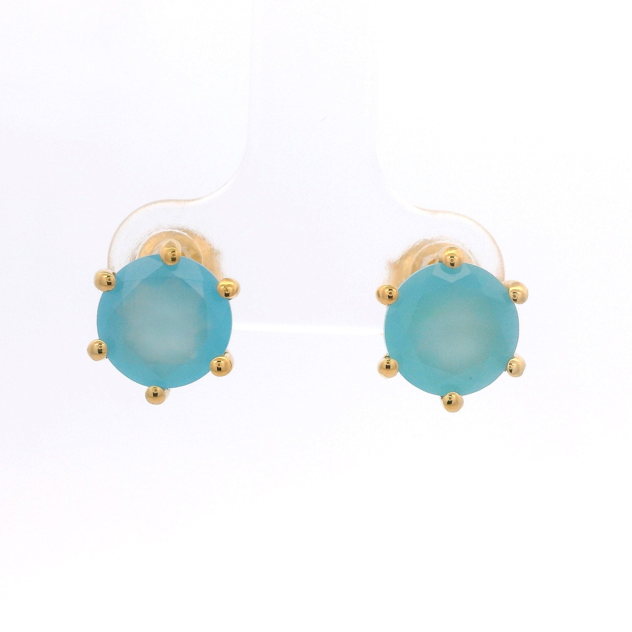 925YG ROUND BLUE CHALCEDONY SOLITARY EARRINGS - C'SANTOS