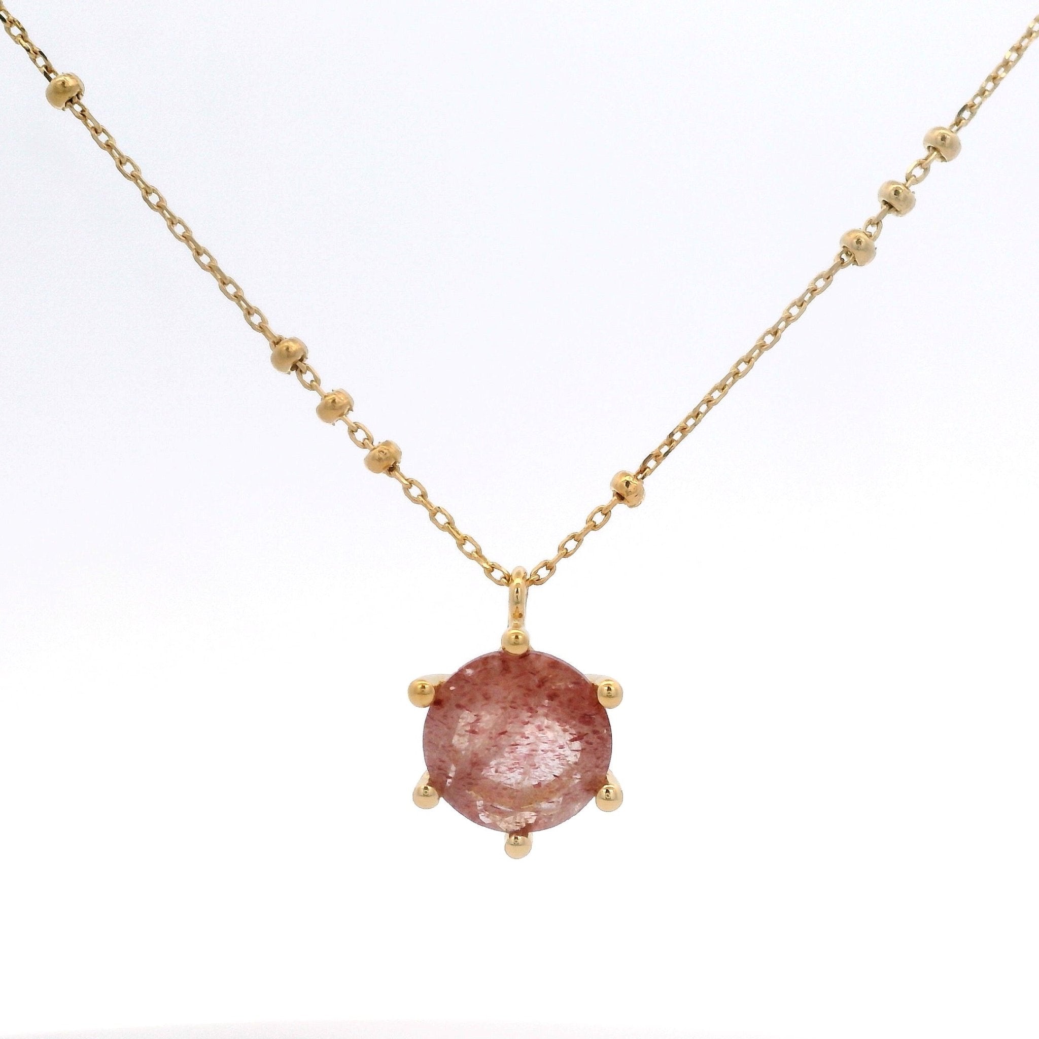 925YG ROUND STRAWBERRY PINK QUARTZ SOLITARY NECKLACE - C'SANTOS