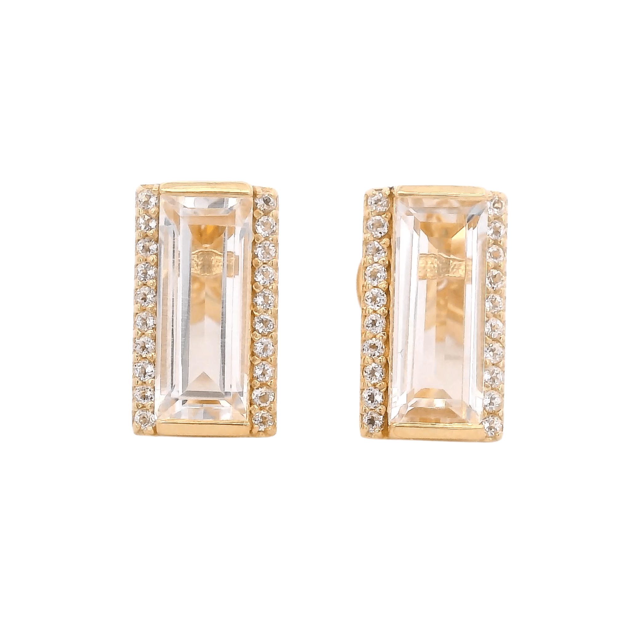 925YG SOLITARY BAGUETTE ROCK CRYSTAL WITH TOPAZ WHITE 11MM EARRINGS - C'SANTOS